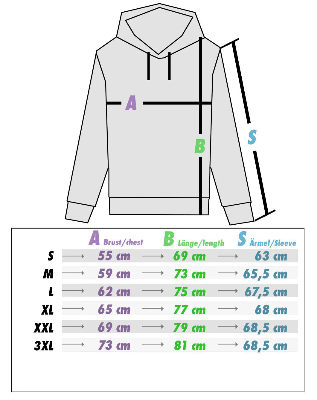 Größentabelle für den PsychoLab Hoodie Experiments, bietet detaillierte Maße für eine perfekte Passform, ideal für Käufer, die ihren idealen Hoodie suchen.