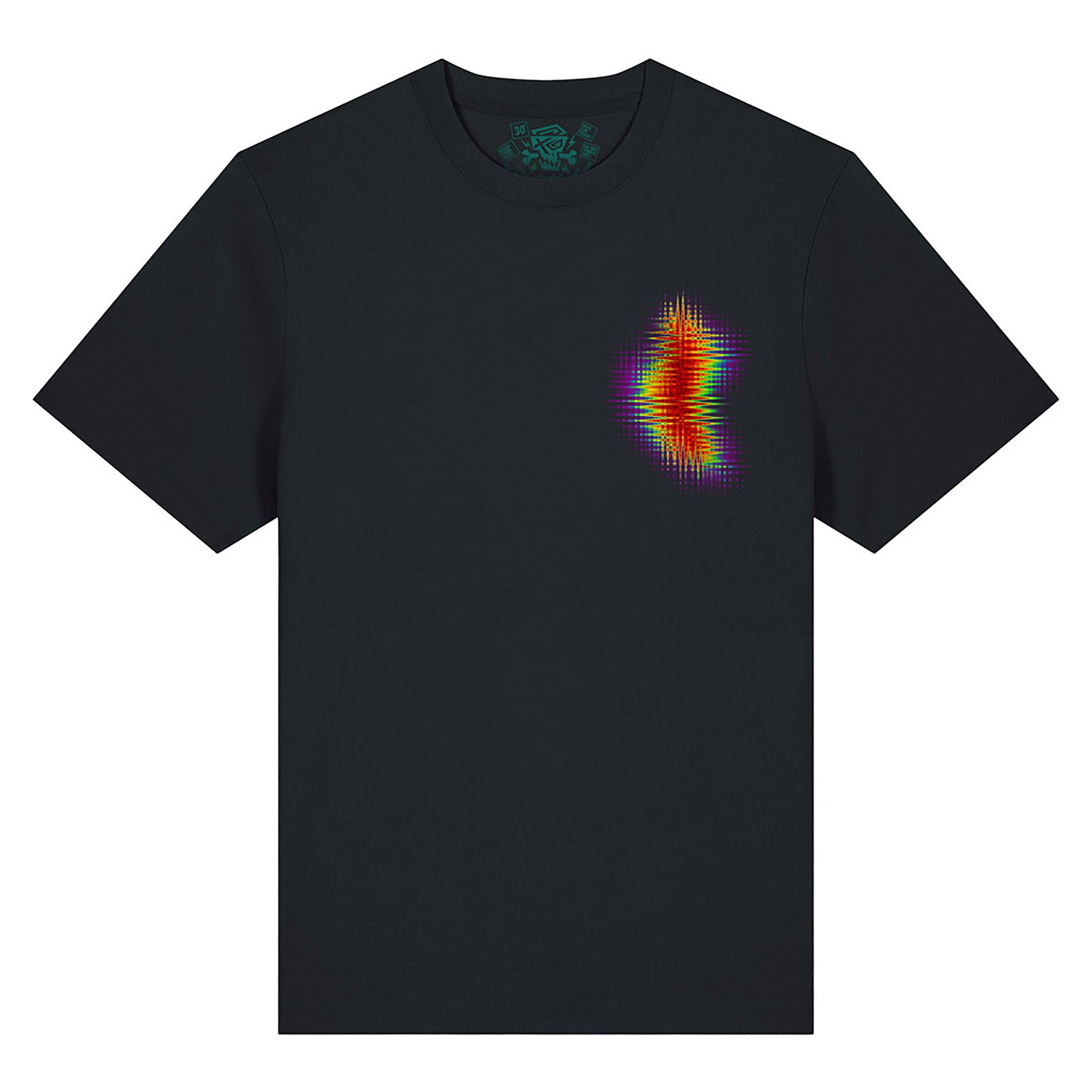 Vorderansicht des PsychoLab T-Shirts Zone, das einen lebhaften Glitch-Effekt in der oberen linken Ecke zeigt, ideal für lässige Outfits. Psycholab.