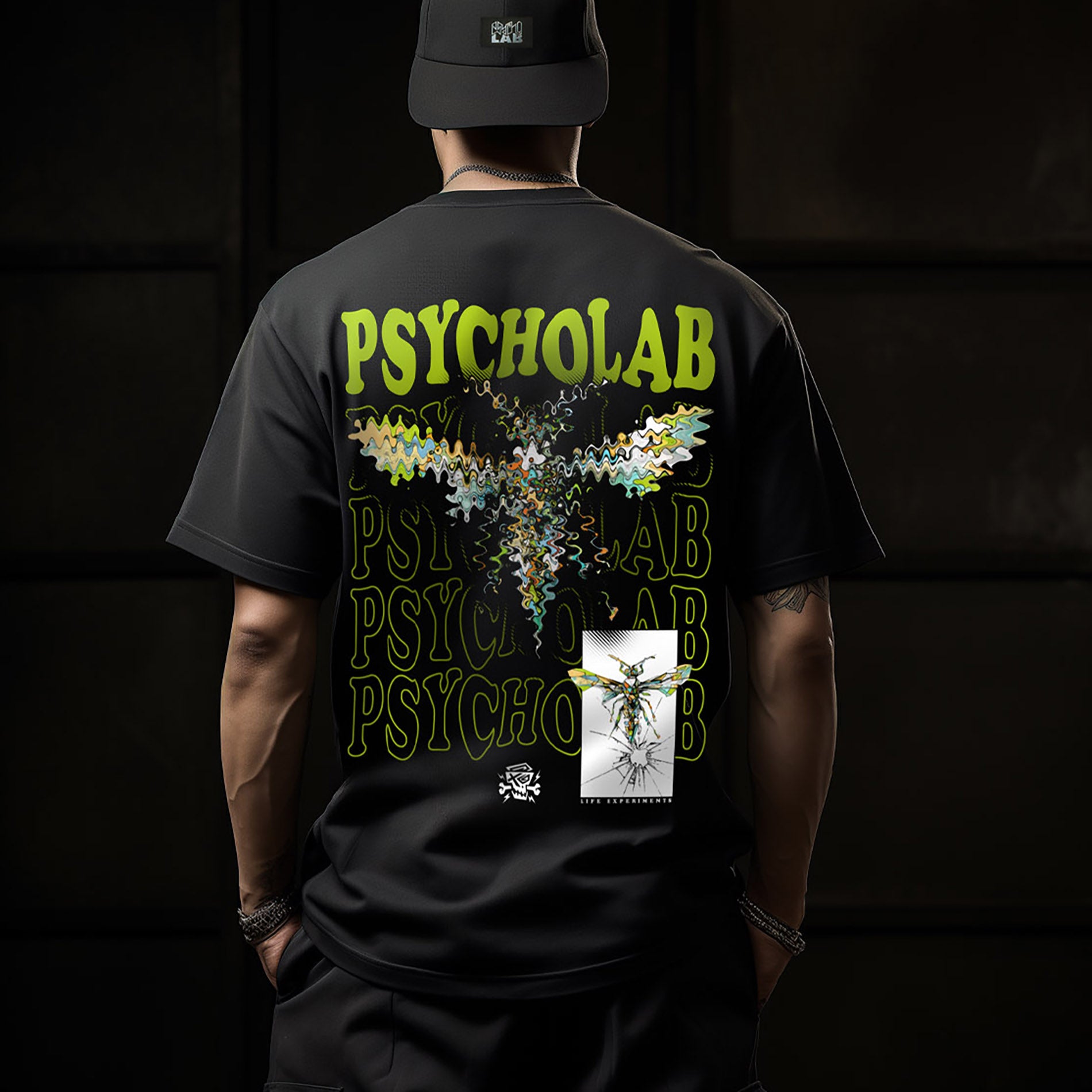 Das T-Shirt Anamorphic von PsychoLab zeigt ein einzigartiges anamorphes Design auf der Rückseite in leuchtenden Farben, ideal für modische Streetwear-Enthusiasten. Enthält das markante PsychoLab-Logo.