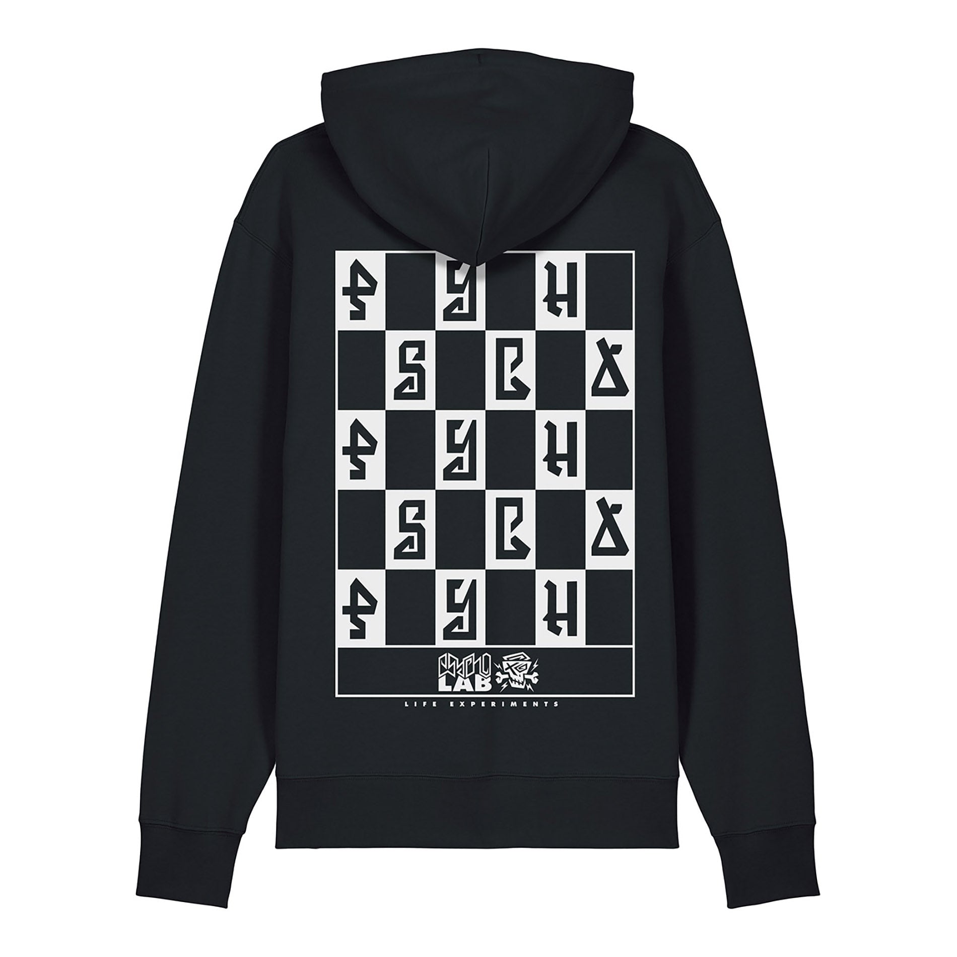 Rückenansicht des Zip Hoodie Mindset von PsychoLab, zeigt das große, stylische Schachbrett-Design.