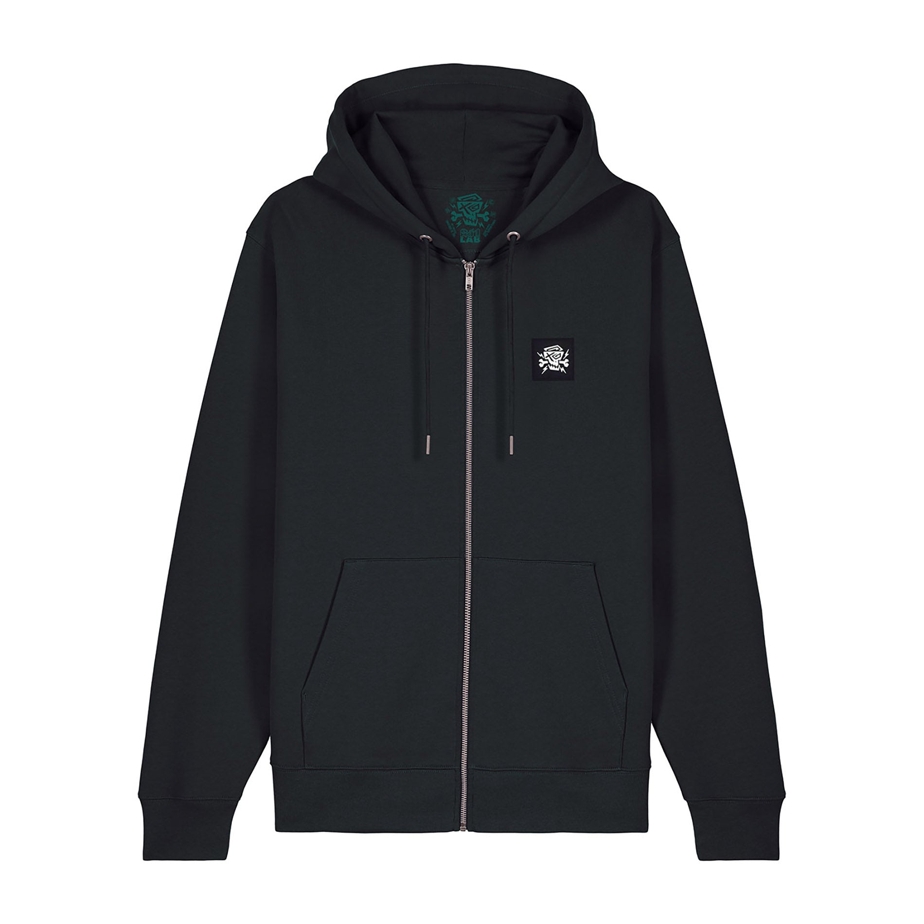 Frontansicht des Zip Hoodie Mindset von PsychoLab, in tiefem Schwarz mit kleinem Logo, ideal für entspannte Outfits.