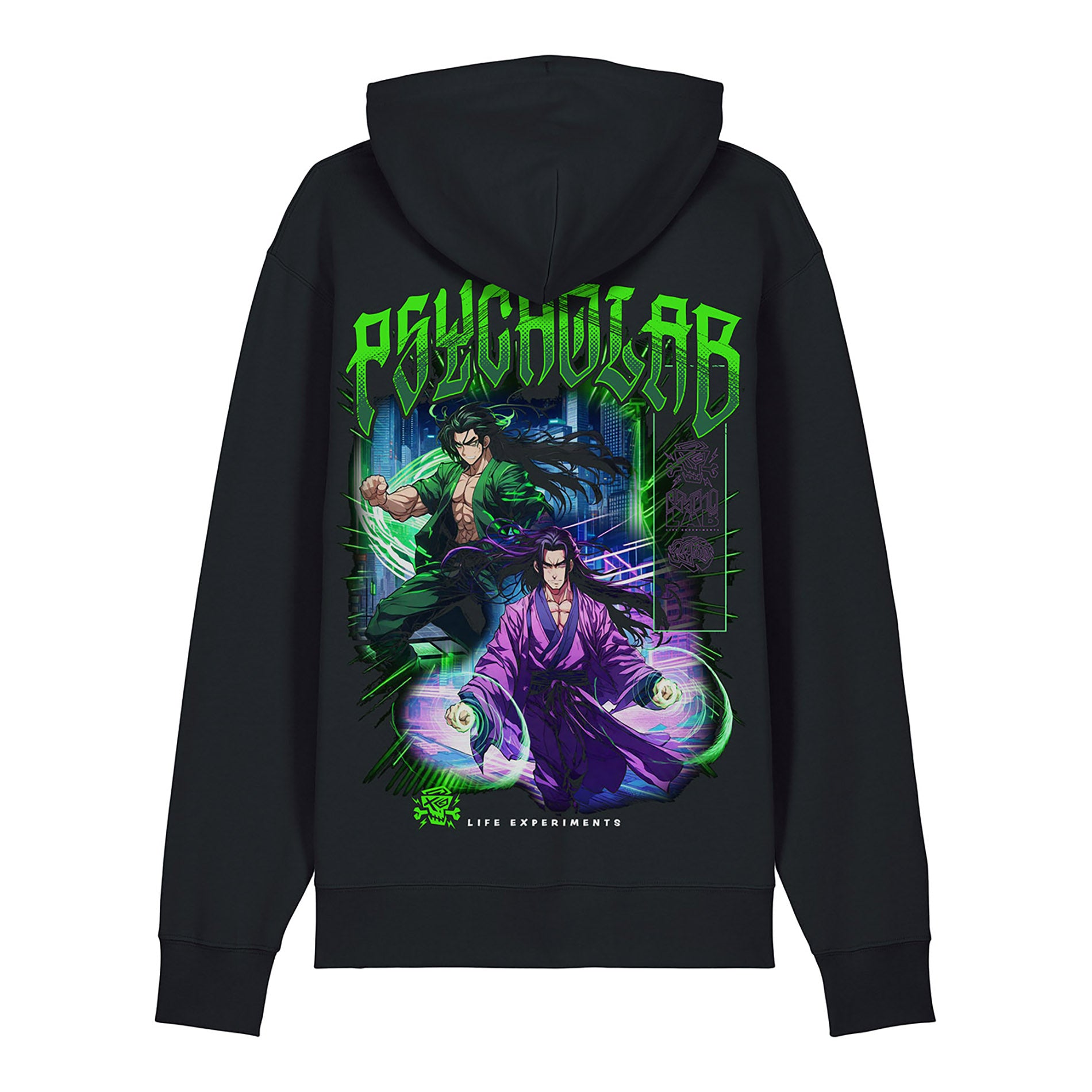 Detailansicht des Rückenmotivs des Zip Hoodie Legacy von PsychoLab, präsentiert mit coolem Anime-Style.