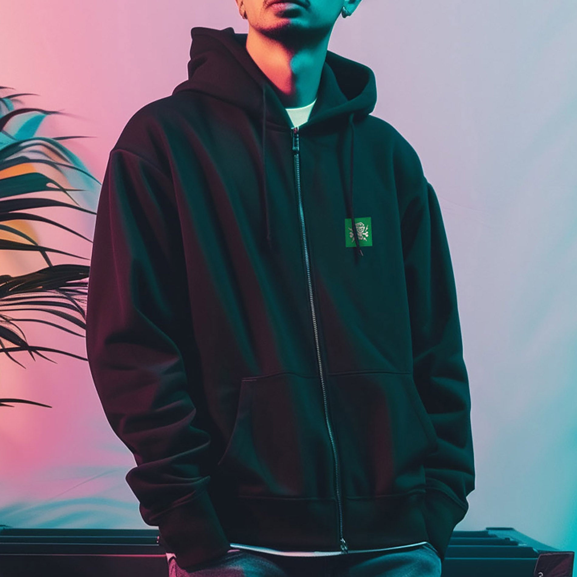 Vorderansicht des Zip Hoodie Legacy von PsychoLab in modernem Schnitt mit lässigen Kängurutaschen.