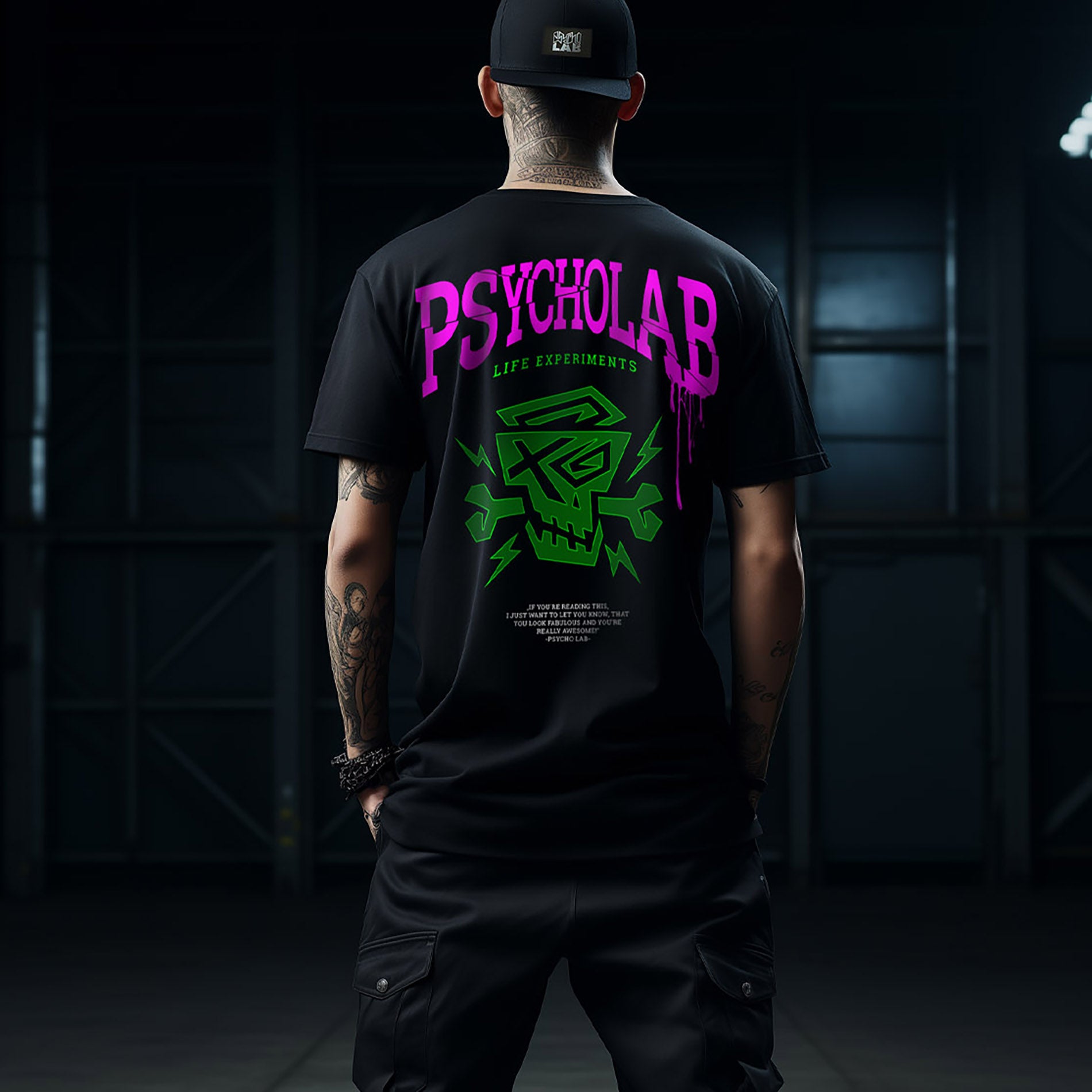 Rückansicht des 'T-Shirt Experiments' von PsychoLab mit auffälligem pinken und grünen Graffiti-Design sowie einem markanten Skull-Logo. Ideal für Streetwear-Liebhaber.