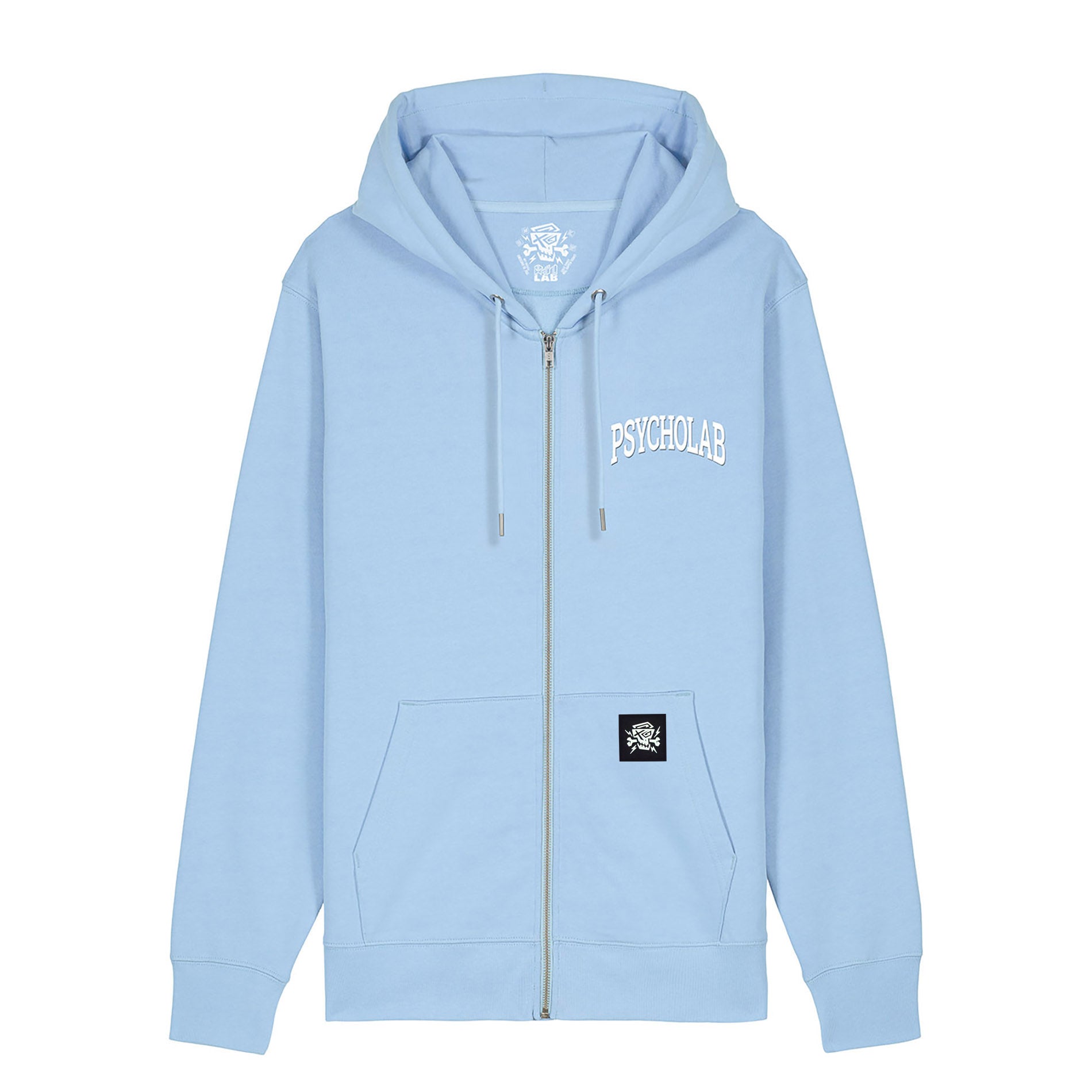Zip Hoodie Academy Blue von PsychoLab, in sanftem Blau mit klassischer Logostickerei auf der Brust und einer praktischen Kängurutasche.