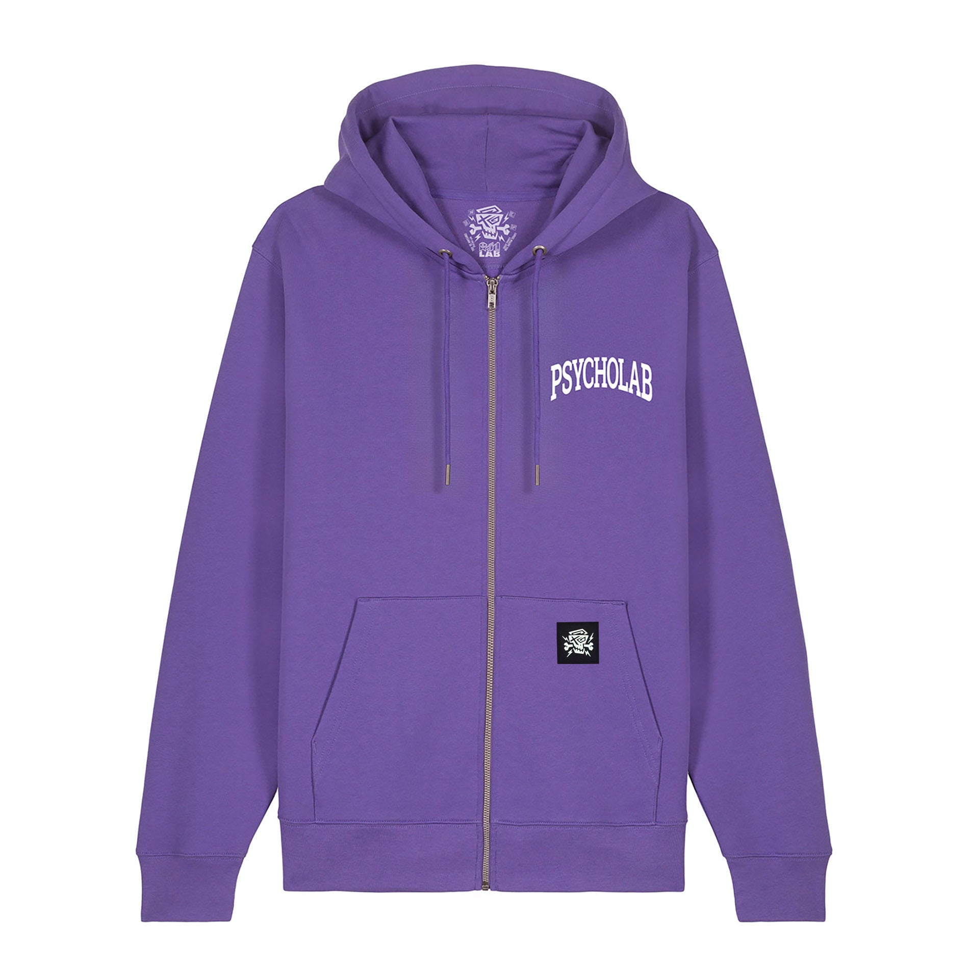 Zip Hoodie Academy Purple von PsychoLab, bestehend aus 100% Bio-Baumwolle, bietet urbanen Stil und unvergleichlichen Tragekomfort mit klassischem Kängurutaschen-Design und PsychoLab-Logostickerei.