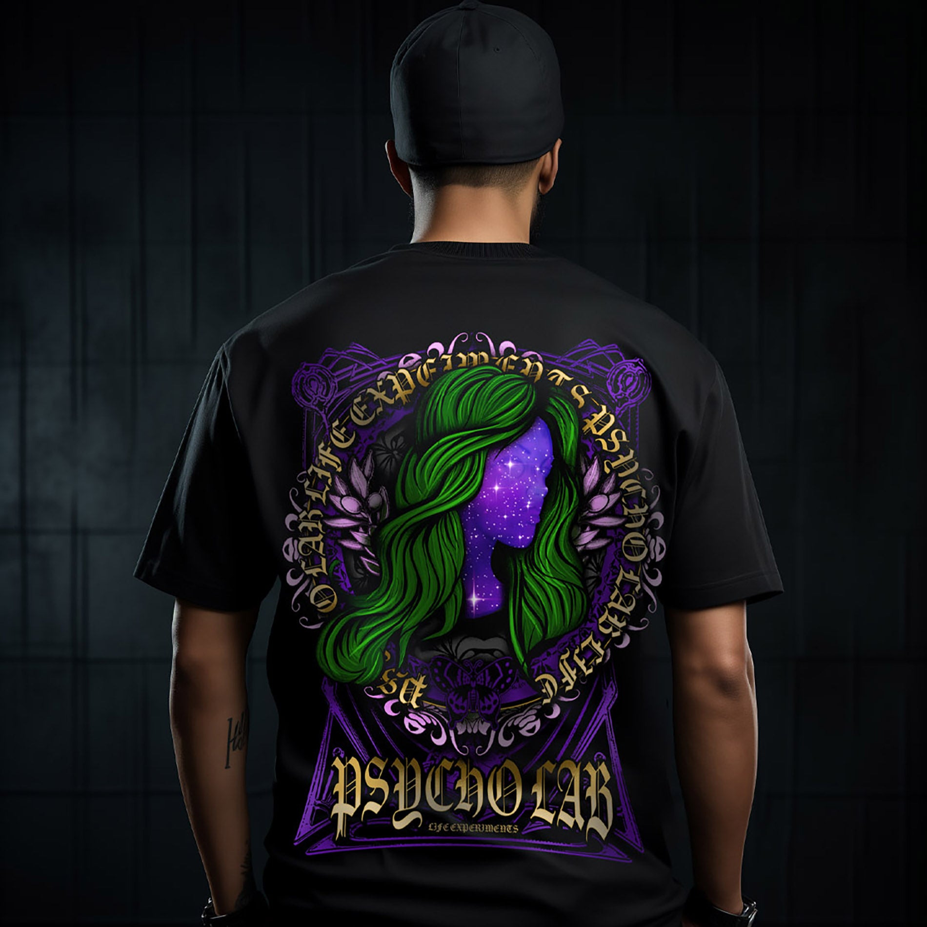 Das T-Shirt Galaxy von PsychoLab in Schwarz, mit einer auffälligen Grafik auf der Rückseite, das eine elegante grüne Haarfigur im Weltraumdesign zeigt. Ideal für Streetwear-Liebhaber und psycholab Fans.