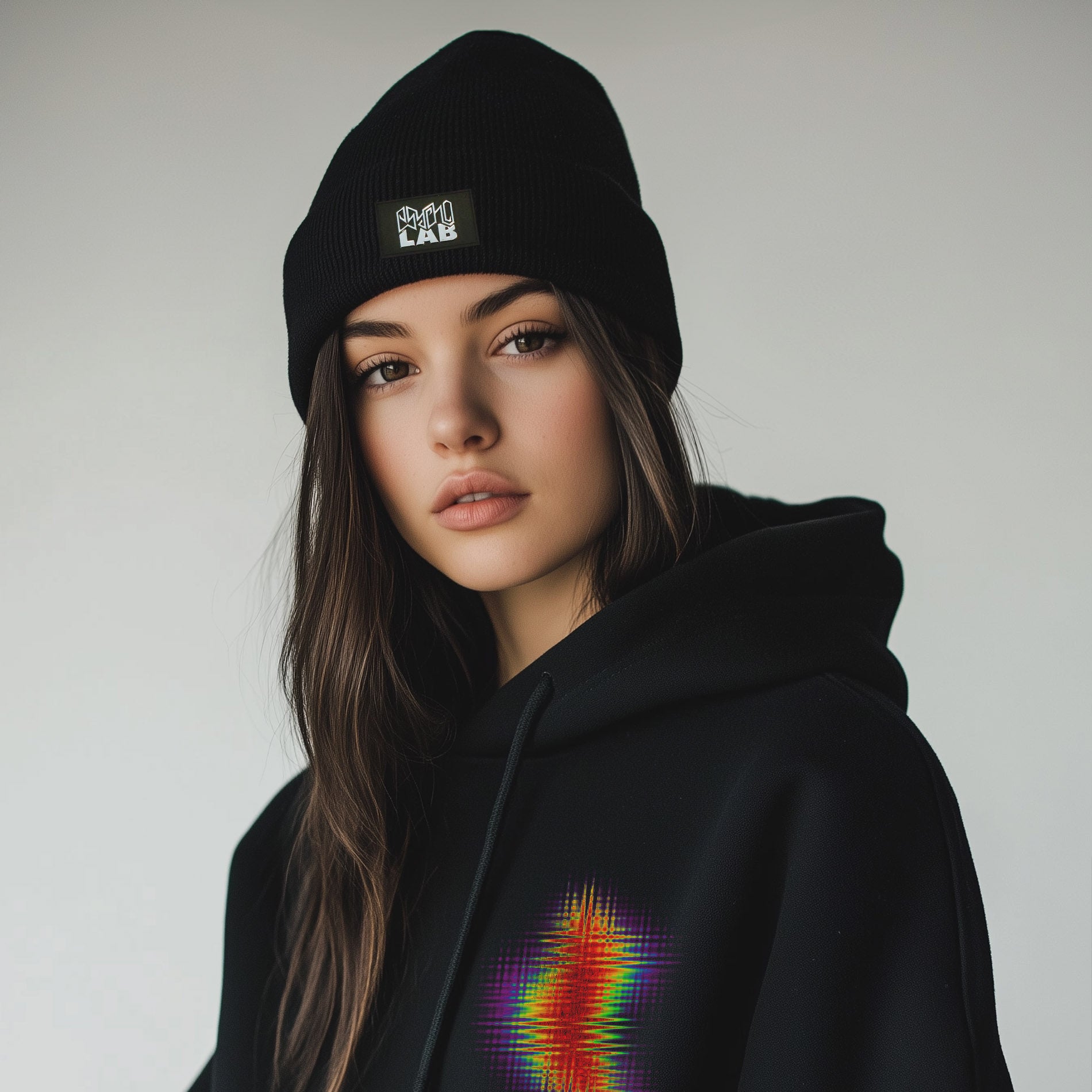 Junge Frau trägt das PsychoLab Beanie mit Chrome Patch – Recycled Edition in Schwarz, kombiniert mit einem Hoodie und strahlt urbanen Streetwear-Style aus. Ideal für nachhaltige Mode und cooles Outfit. #psycholab