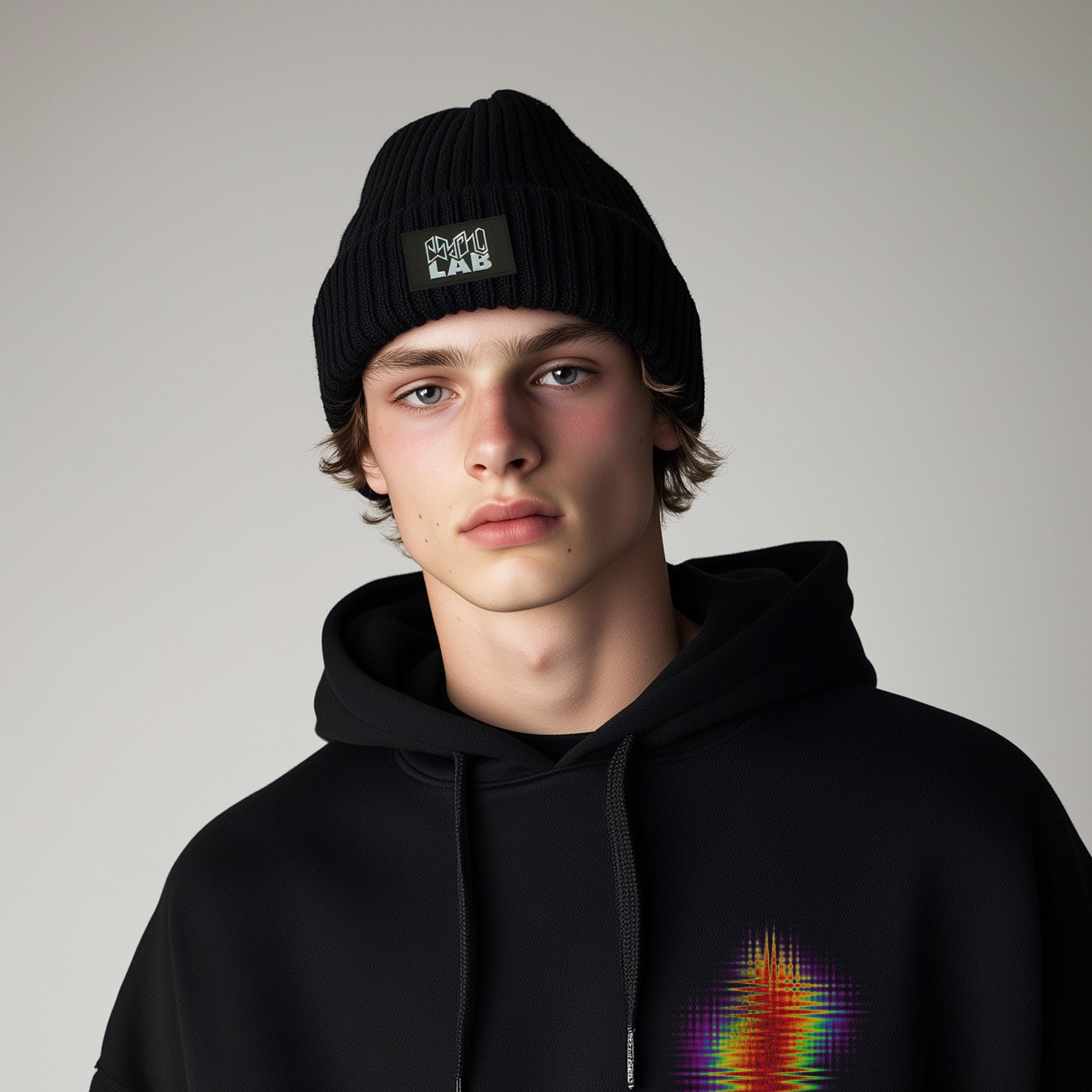 Junger Mann präsentiert das PsychoLab Beanie mit Chrome Patch – Recycled Edition in tiefem Schwarz, getragen mit einem Hoodie. Perfektes Accessoire für trendige Streetwear und umweltbewussten Lebensstil. #psycholab