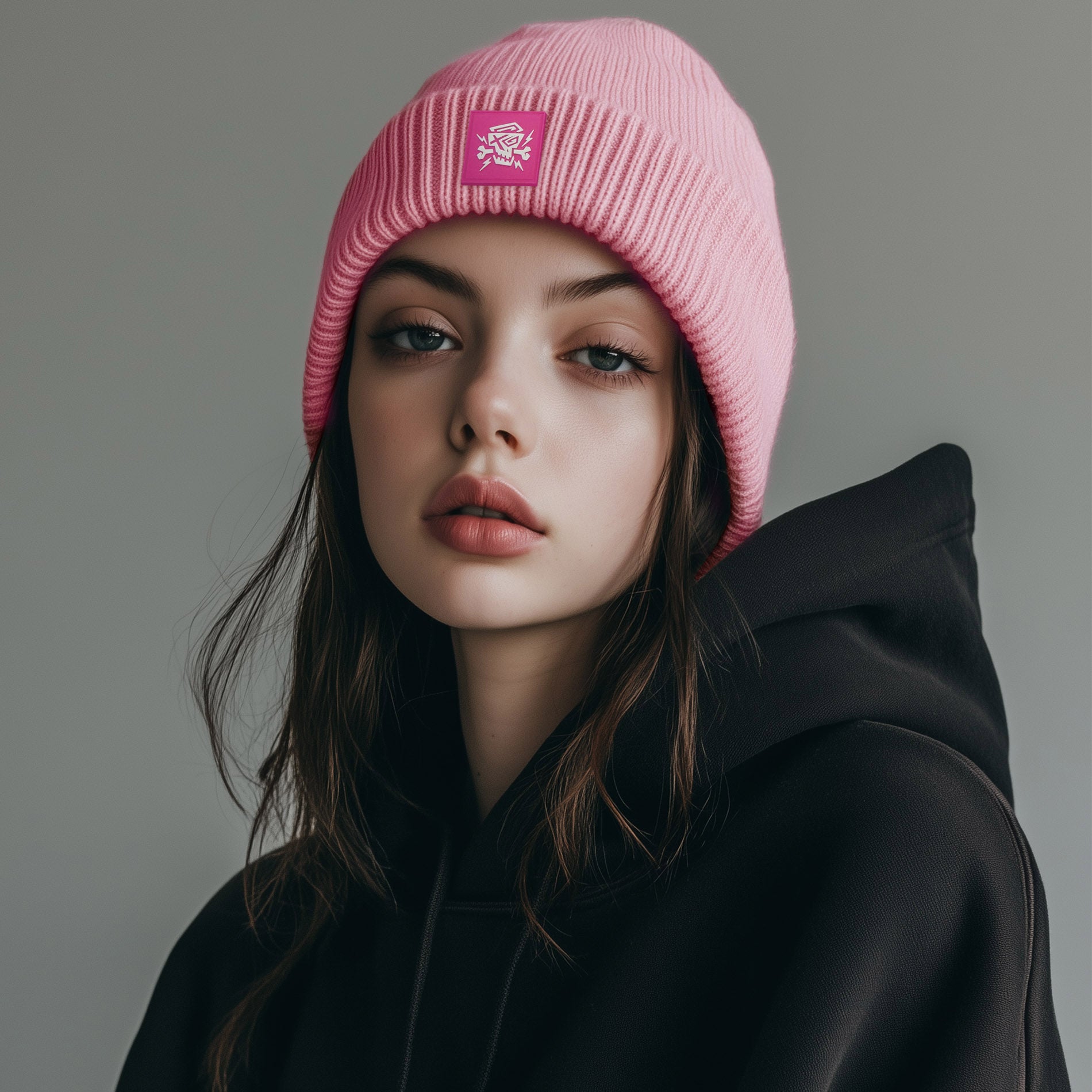 Styling des PsychoLab Beanie mit Pink Patch – Recycled Edition, getragen von einem Modell mit einem lässigen Hoodie, ideal für urbanen Streetwear-Style, psychoLab.