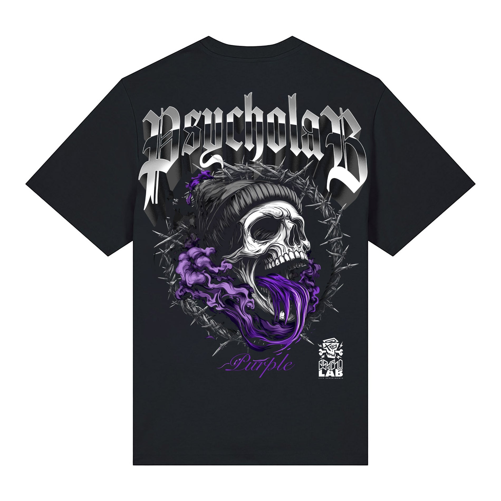 Grafik des Purple T-Shirts von PsychoLab, die den einzigartigen Totenkopf-Print auf der Rückseite zeigt, ideal für trendbewusste Styles.