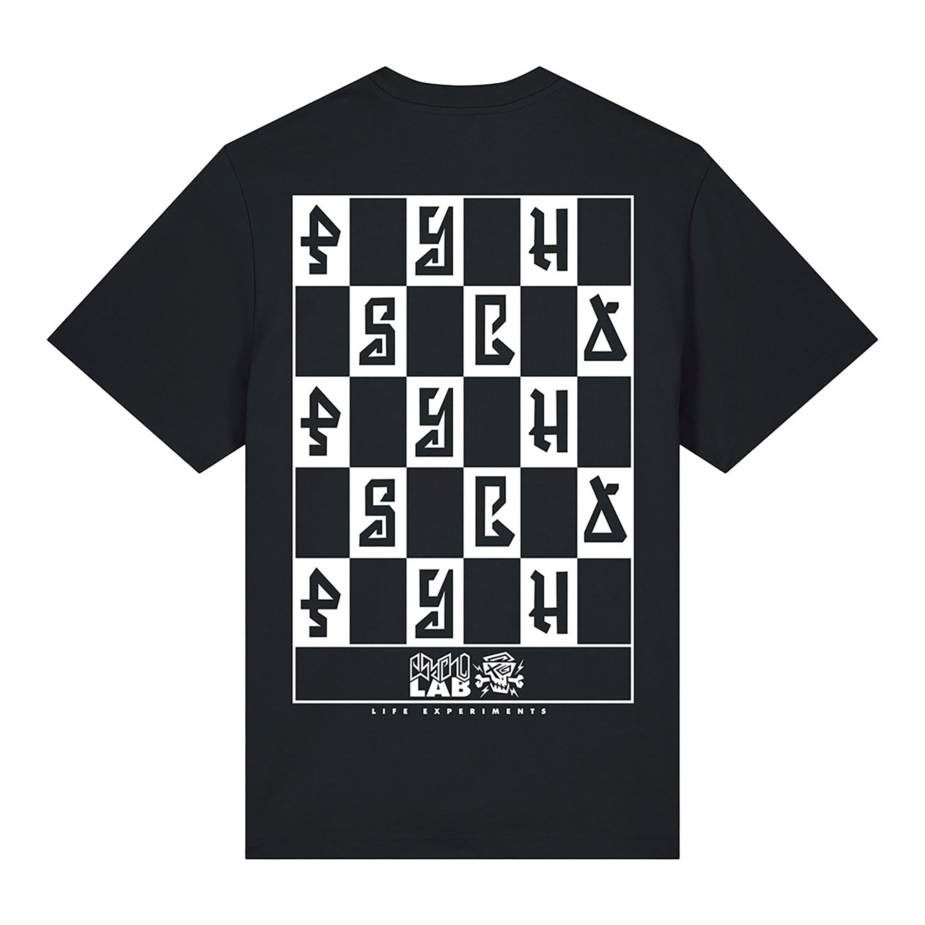 Nahaufnahme des Designs des T-Shirts Mindtricks von PsychoLab, das eine markante Checkerboard-Grafik präsentiert. psycholab