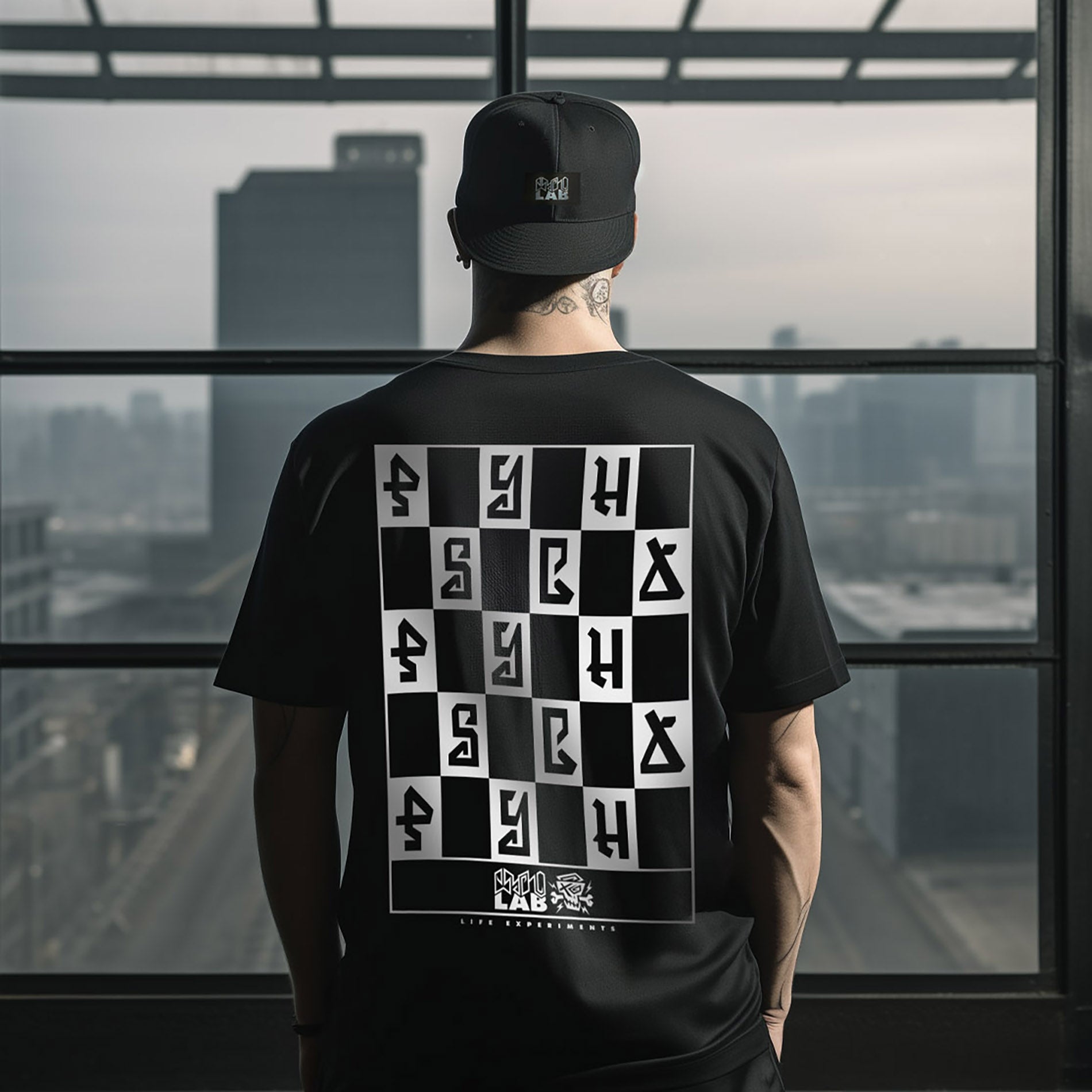 Das T-Shirt Mindtricks von PsychoLab zeigt ein auffälliges Checkerboard-Design auf der Rückseite, ideal für urbanen Stil. psycholab