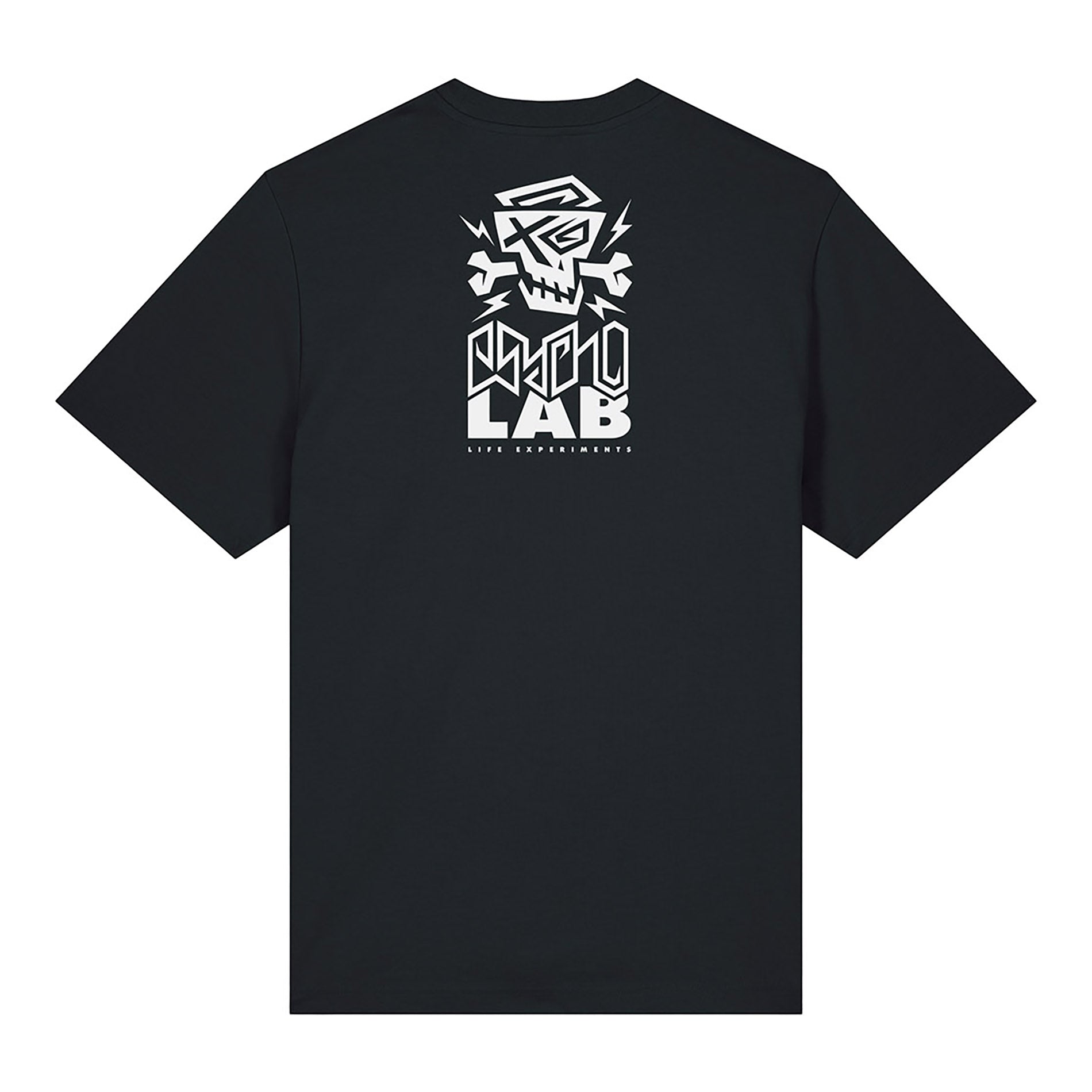 Rückansicht des PsychoLab T-Shirts Logo Black mit markantem weißen Logo-Design. Dieses T-Shirt verkörpert urbanen Stil und Komfort und ist ein Must-Have für Streetwear-Liebhaber. Psycholab.