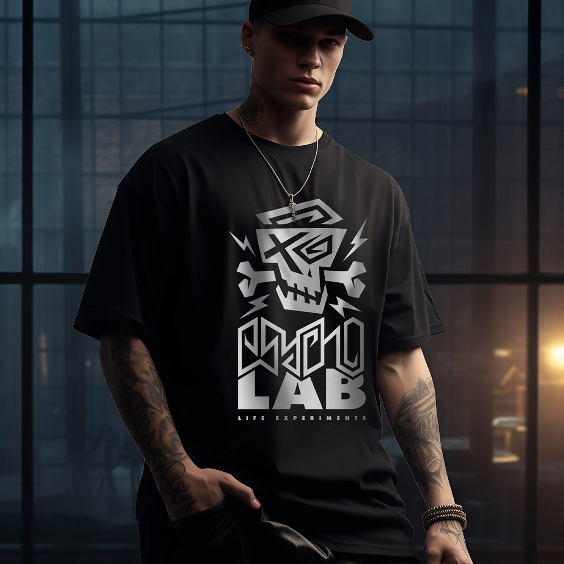 Mann in schwarzem T-Shirt Logo Black von PsychoLab, das ein auffälliges Skull-Design und den Schriftzug 'PsychoLab' aufweist, ideal für einen urbanen Streetwear-Look.
