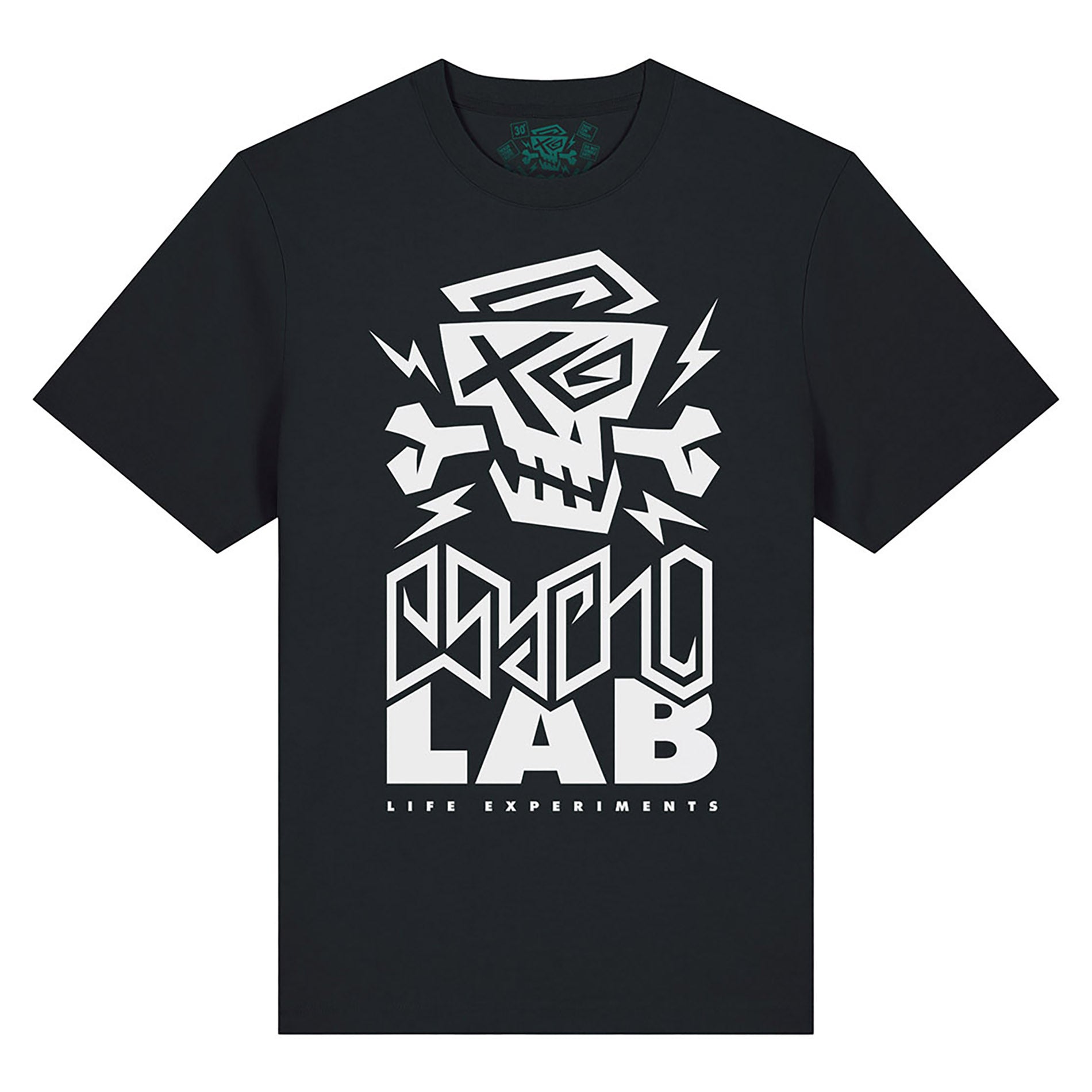 Schwarzes T-Shirt Logo Black von PsychoLab mit markantem weißen Skull-Logo und dem Schriftzug 'PsychoLab', perfekt für jeden Anlass in der Streetwear.