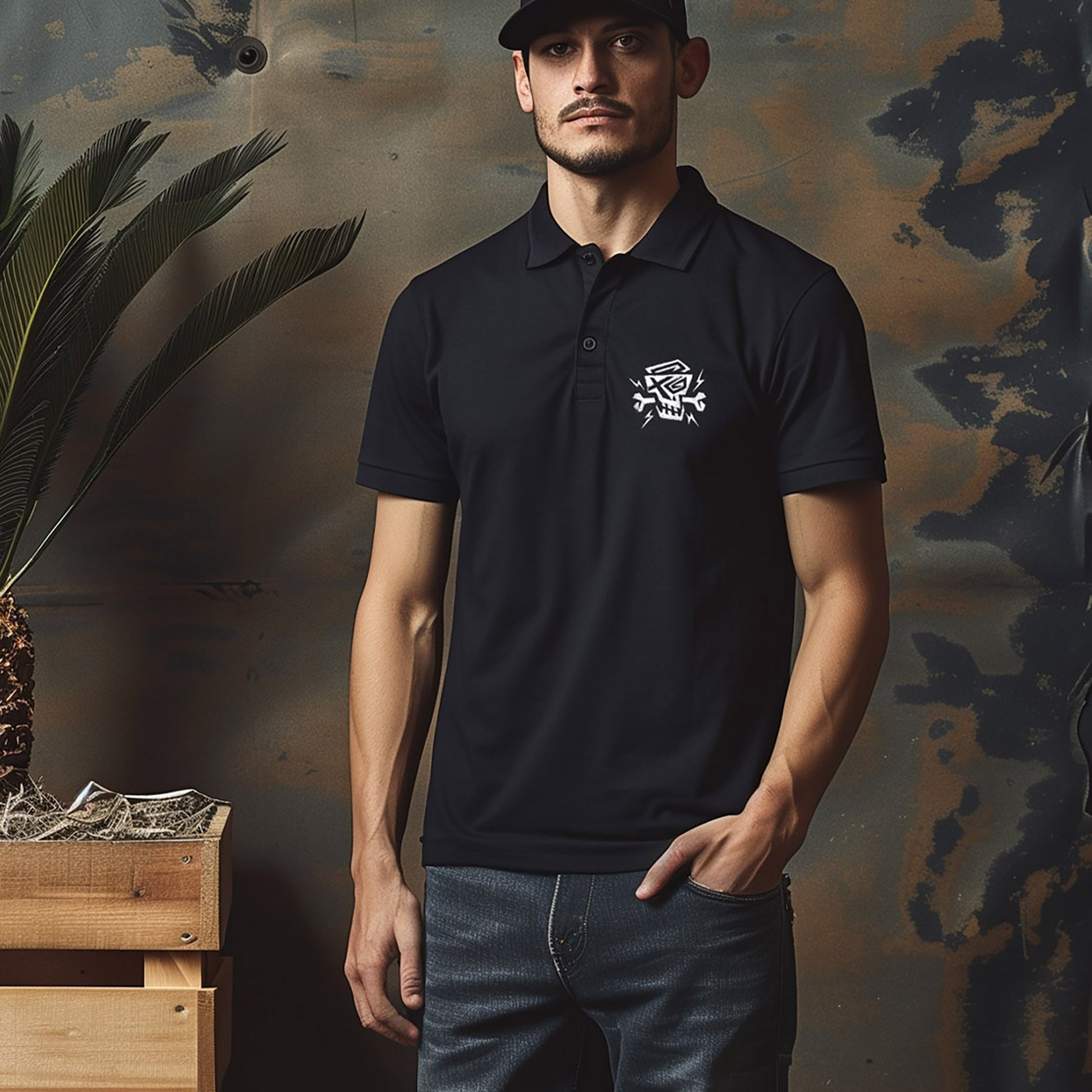 Mann trägt ein Polo Shirt Solid Black von PsychoLab, präsentiert in einem urbanen Stil vor einer kreative Wand mit Pflanzen. Ideal für Streetwear und Nachhaltigkeit.