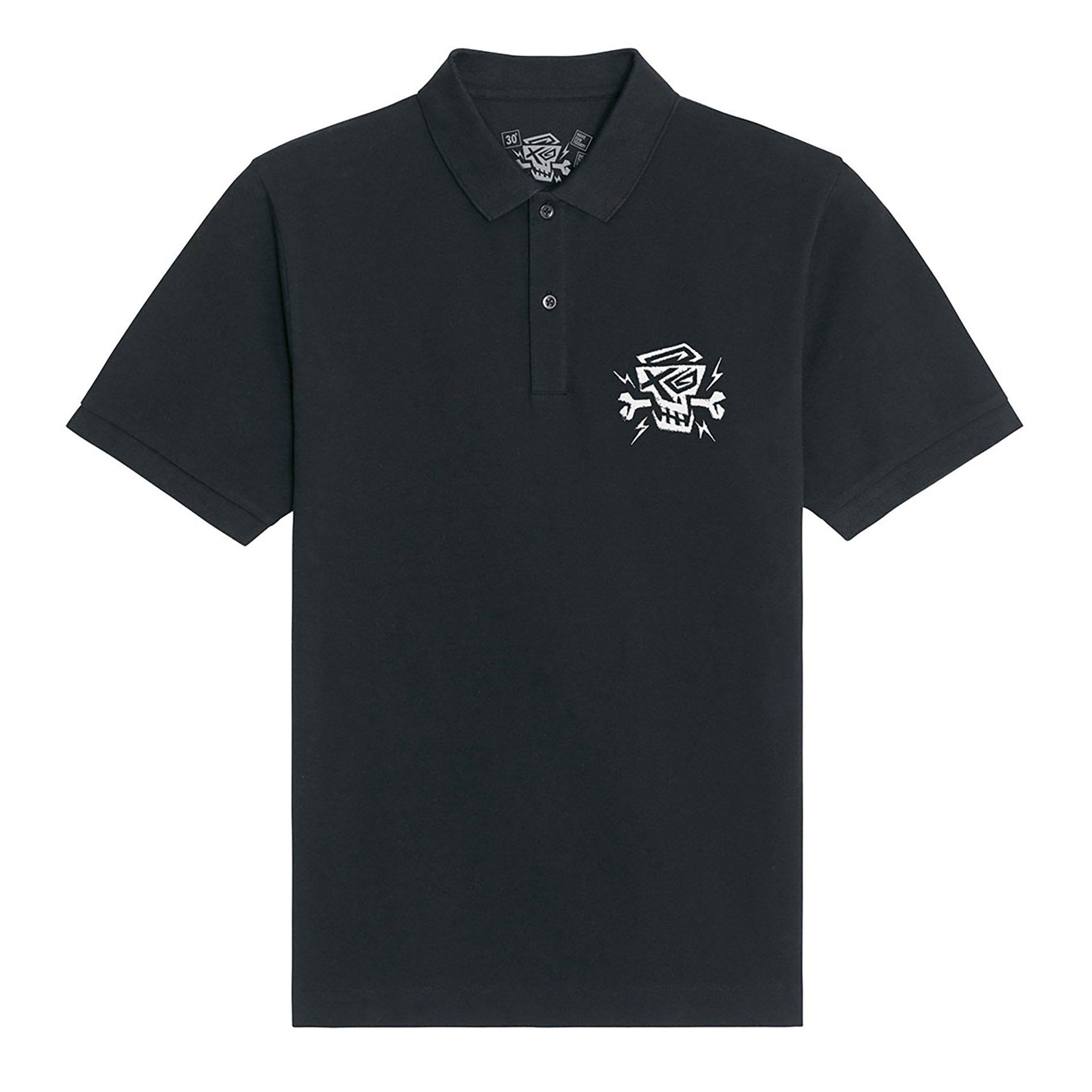 Polo Shirt Solid Black von PsychoLab mit dezentem Logo, präsentiert auf einem weißen Hintergrund, ideal für stilbewusste und nachhaltige Mode.