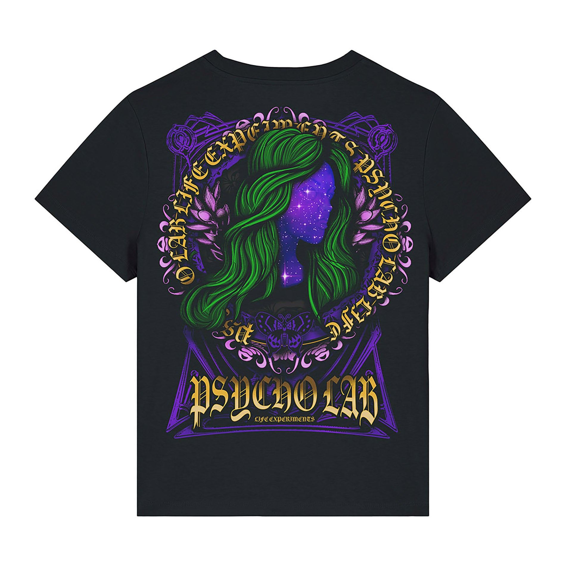 Rückansicht des Women's Shirt Galaxy von PsychoLab mit einem kreativen, galaktischen Design, das eine geheimnisvolle Frau mit sternenähnlichem Muster darstellt.
