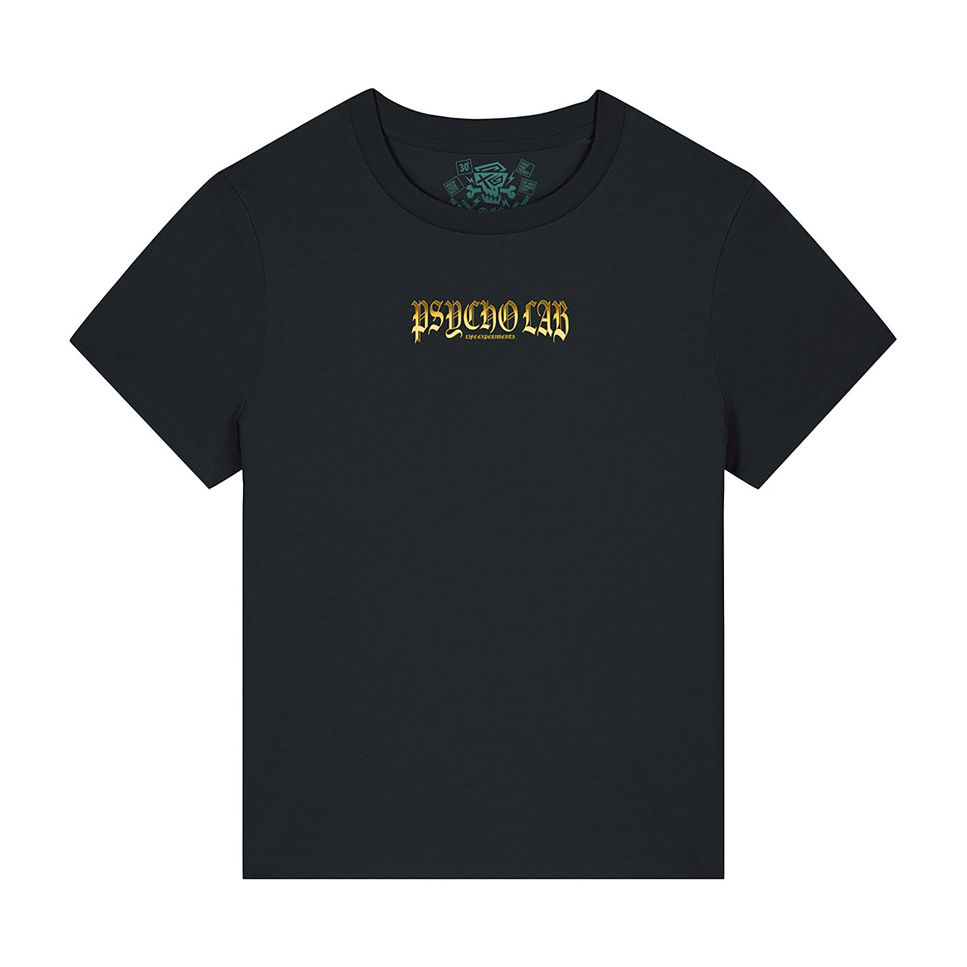 Vorderansicht des Women's Shirt Galaxy von PsychoLab, schlicht mit dem markanten PsychoLab-Logo in auffälliger, gelber Schrift.