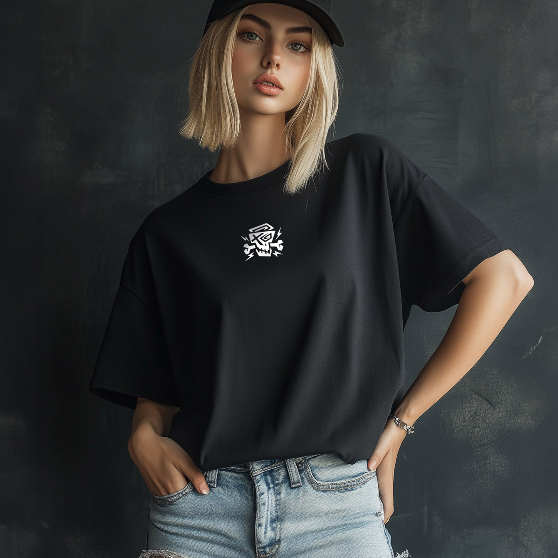 Modische Frau trägt das Women Shirt Logo Black von PsychoLab mit minimalistischem PsychoLab-Skull-Logo auf der Vorderseite. Dieses schwarze T-Shirt kombiniert Urban Style mit Tragekomfort.