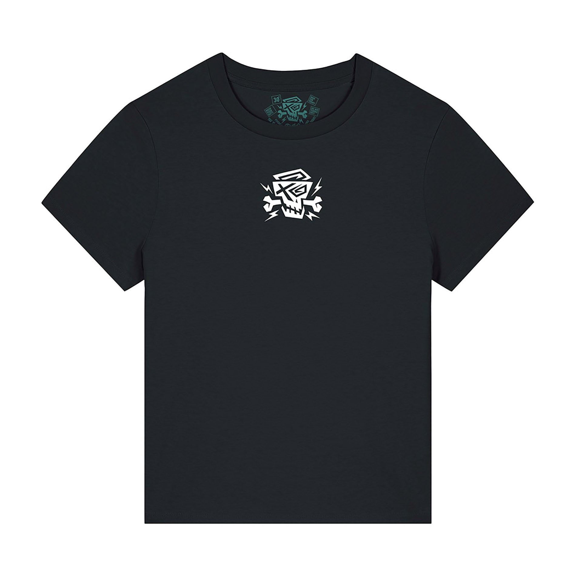 Vorderansicht des Women Shirt Logo Black von PsychoLab, zeigt das kleine PsychoLab-Skull-Logo auf der Brust. Perfekt für einen coolen Look.
