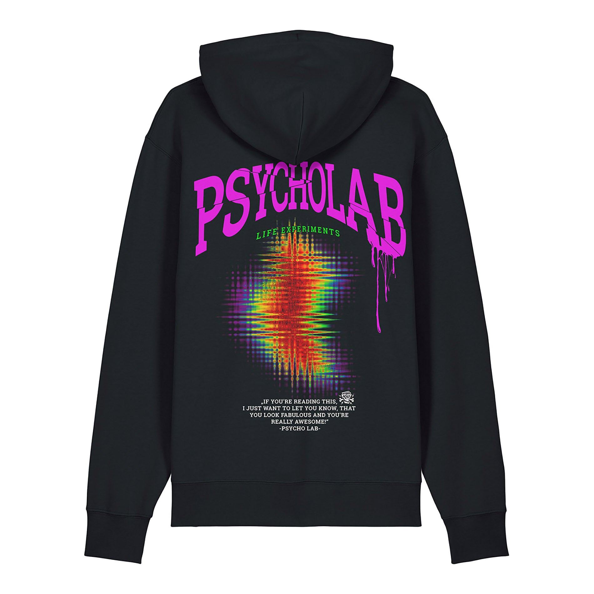 Detailaufnahme des Rückens des "Hoodie Zone" von PsychoLab, präsentiert das auffällige Logo und das bunte Glitch-Design, das den urbanen Stil dieses Kleidungsstücks unterstreicht.