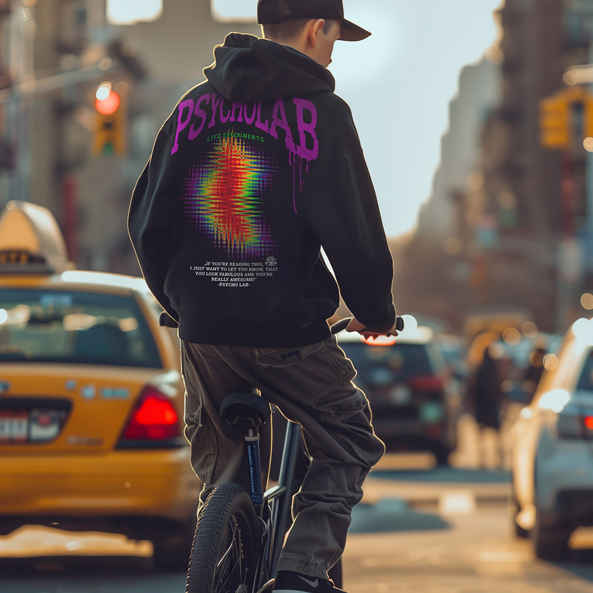 Junger Mann auf einem Fahrrad in der Stadt, trägt den auffälligen "Hoodie Zone" von PsychoLab mit buntem Glitch-Design und großen Branding-Elementen. Ideal für Streetwear-Liebhaber, die einen urbanen Look bevorzugen und Komfort suchen.