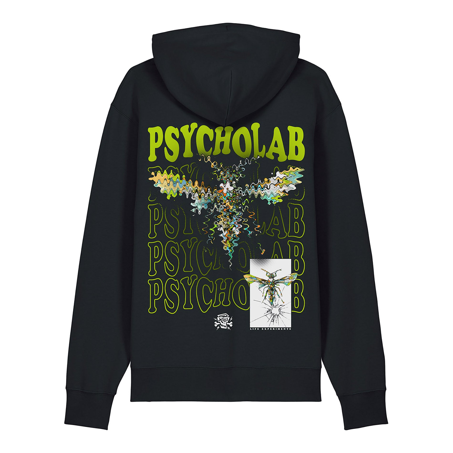 Hoodie Anamorphic, Rückansicht mit einzigartigem anamorphischen Grafik-Print von PsychoLab, ideal für Freizeitlooks und moderne Mode.