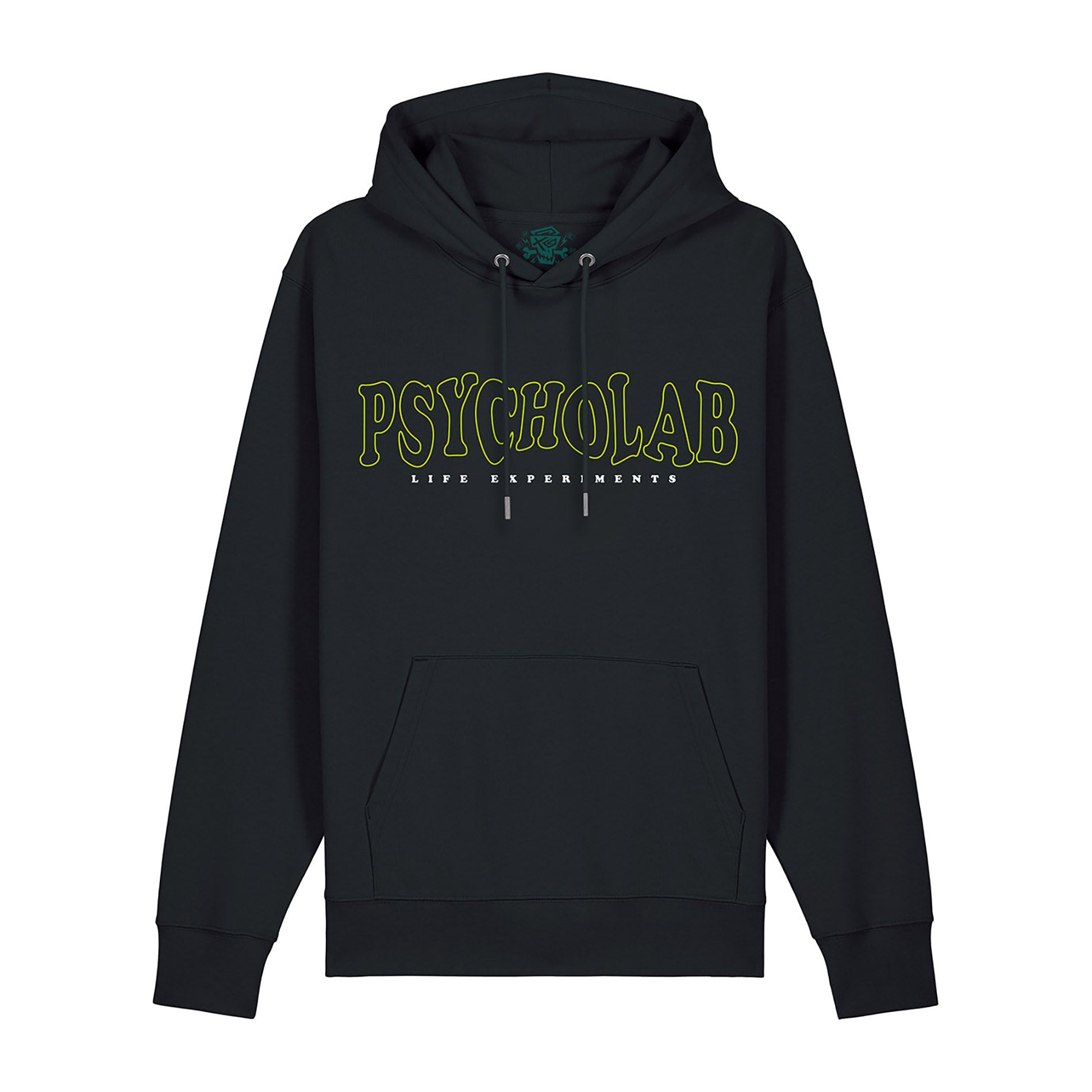 Vorderansicht des Hoodie Anamorphic von PsychoLab, schwarzes Hoodie mit auffälligem PsychoLab-Schriftzug in Grün, perfektes Outfit für urbane Abenteurer.