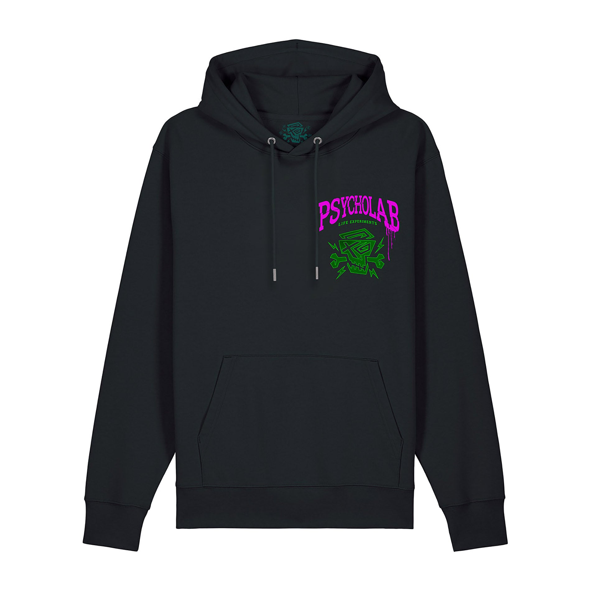 Frontansicht des schwarzen Hoodie Experiments von PsychoLab mit ikonischem Logo auf der Brust, kombiniert Komfort mit außergewöhnlichem Design.
