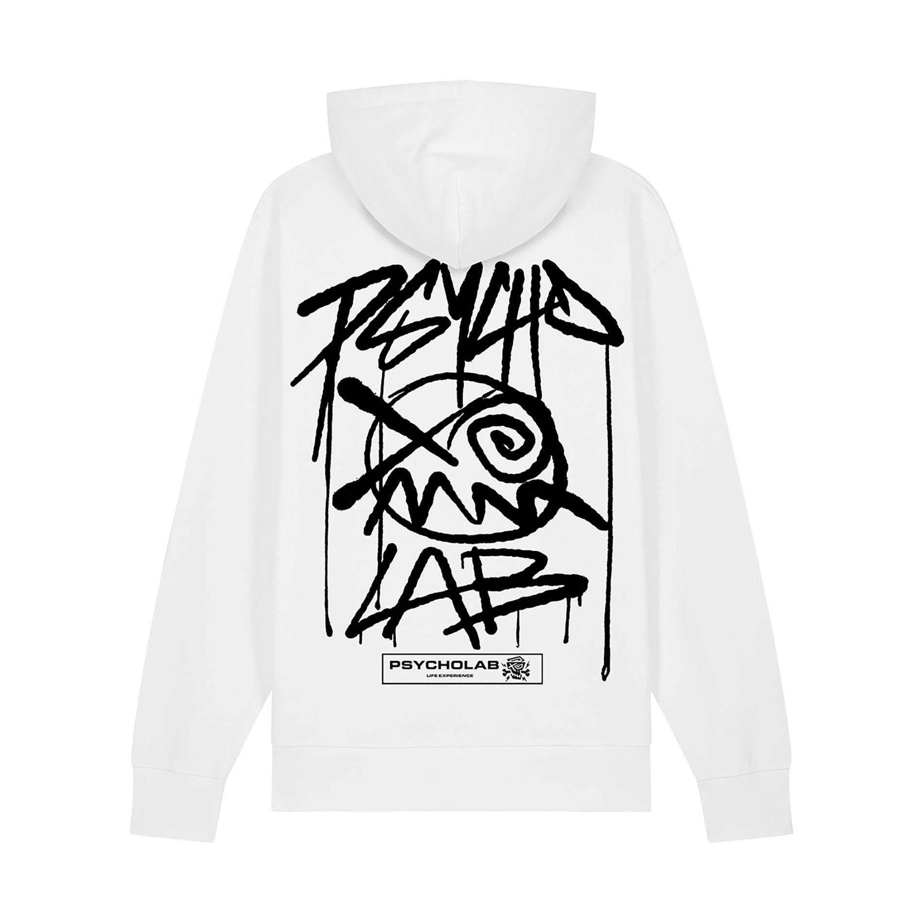 Rückansicht des Hoodie Chrome Weiß von PsychoLab, präsentiert das große Graffiti-Design und das kultige Logo.