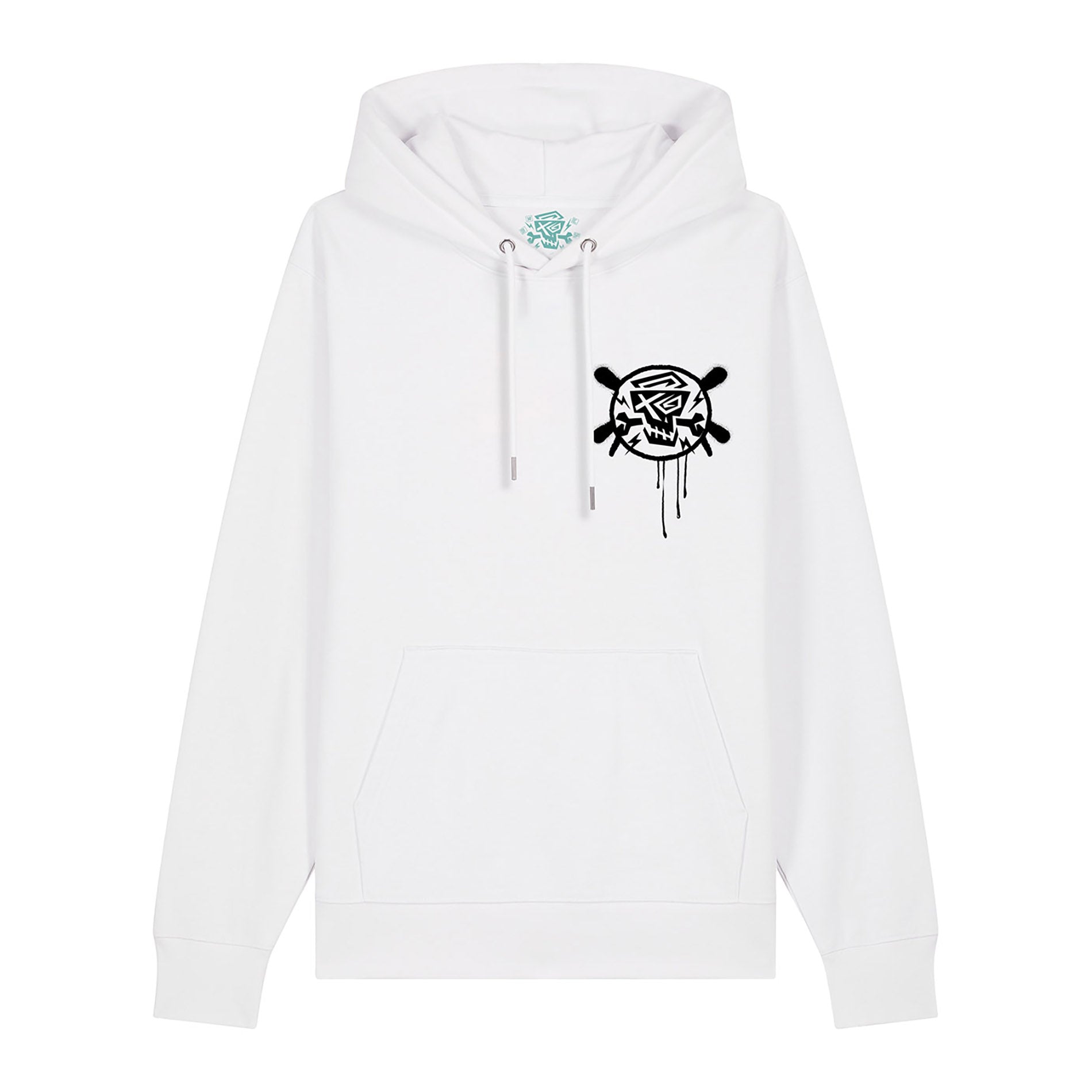 Vorderansicht des Hoodie Chrome Weiß von PsychoLab, zeigt das stylische Logo auf der Brust und verstellbare Kordeln der Kapuze.