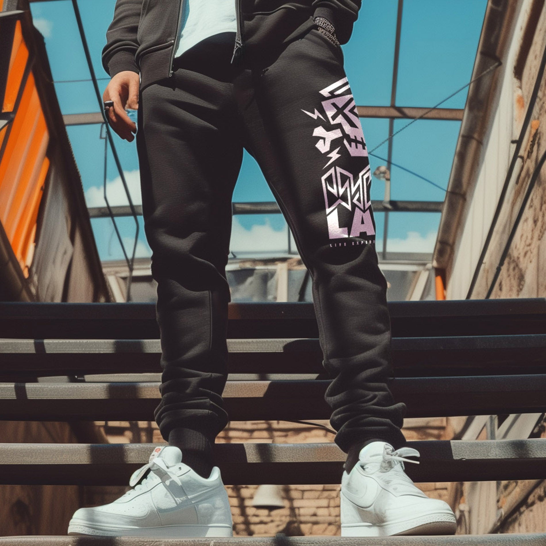 Stylische Sweatpants "Pants Logo Black" von PsychoLab, aus Bio-Baumwolle gefertigt, präsentiert im urbanen Umfeld mit weißem Logo-Print und trendigen weißen Sneakers.
