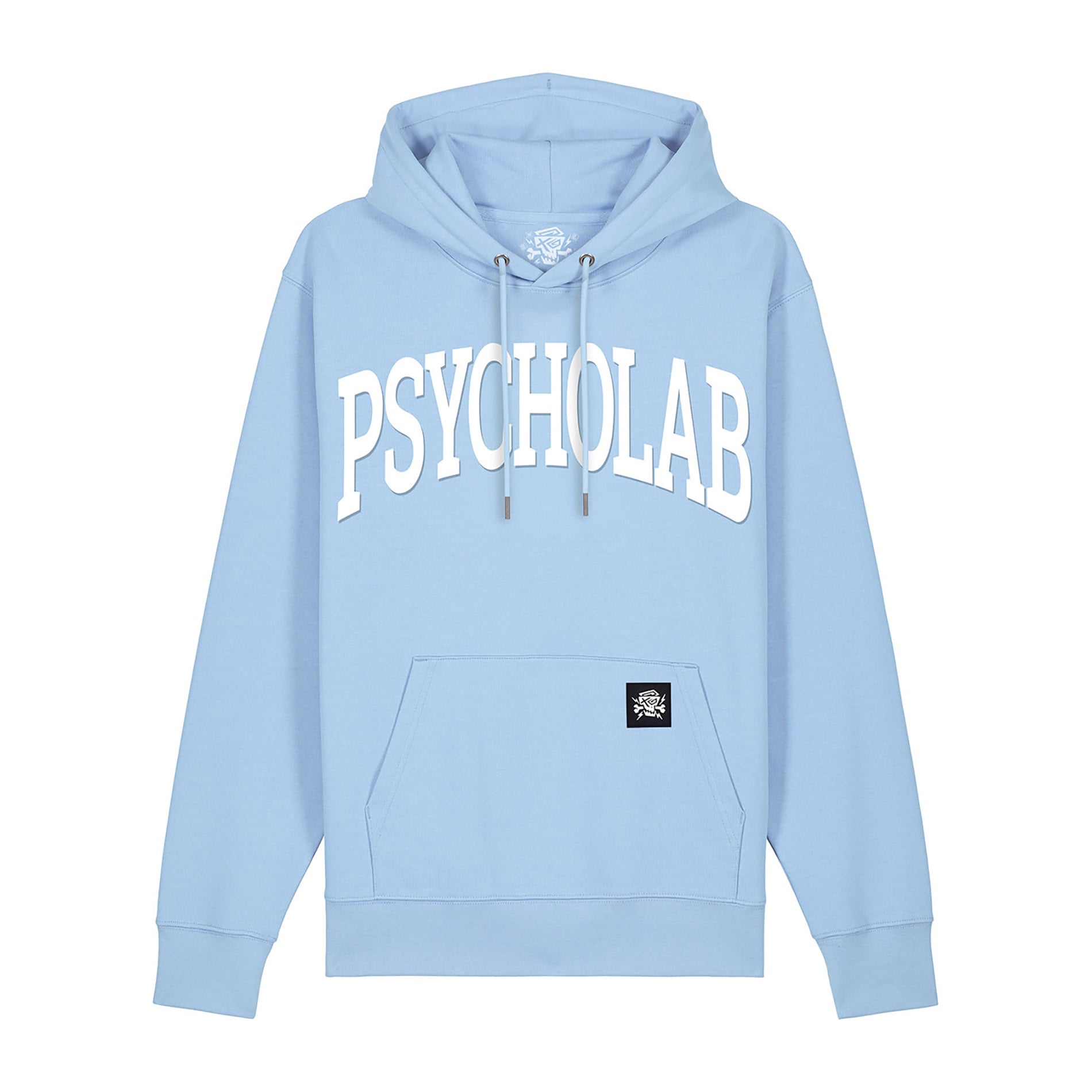 Hoodie Academy Blue von PsychoLab mit markantem PsychoLab-Schriftzug auf der Vorderseite, ideal für stilvollen Streetwear-Look.