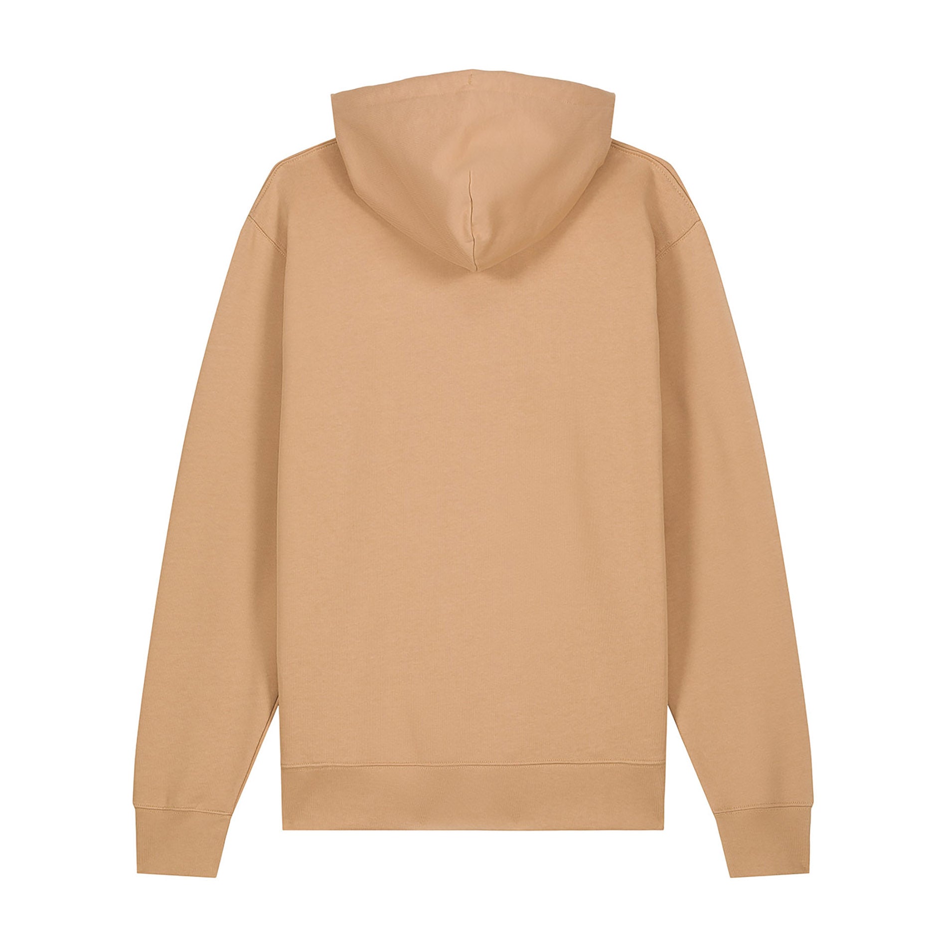 Hinteransicht des Hoodie Academy Latte von PsychoLab, gefertigt aus 100% Bio-Baumwolle, in einem lässigen Schnitt und warmer Latte-Farbe.
