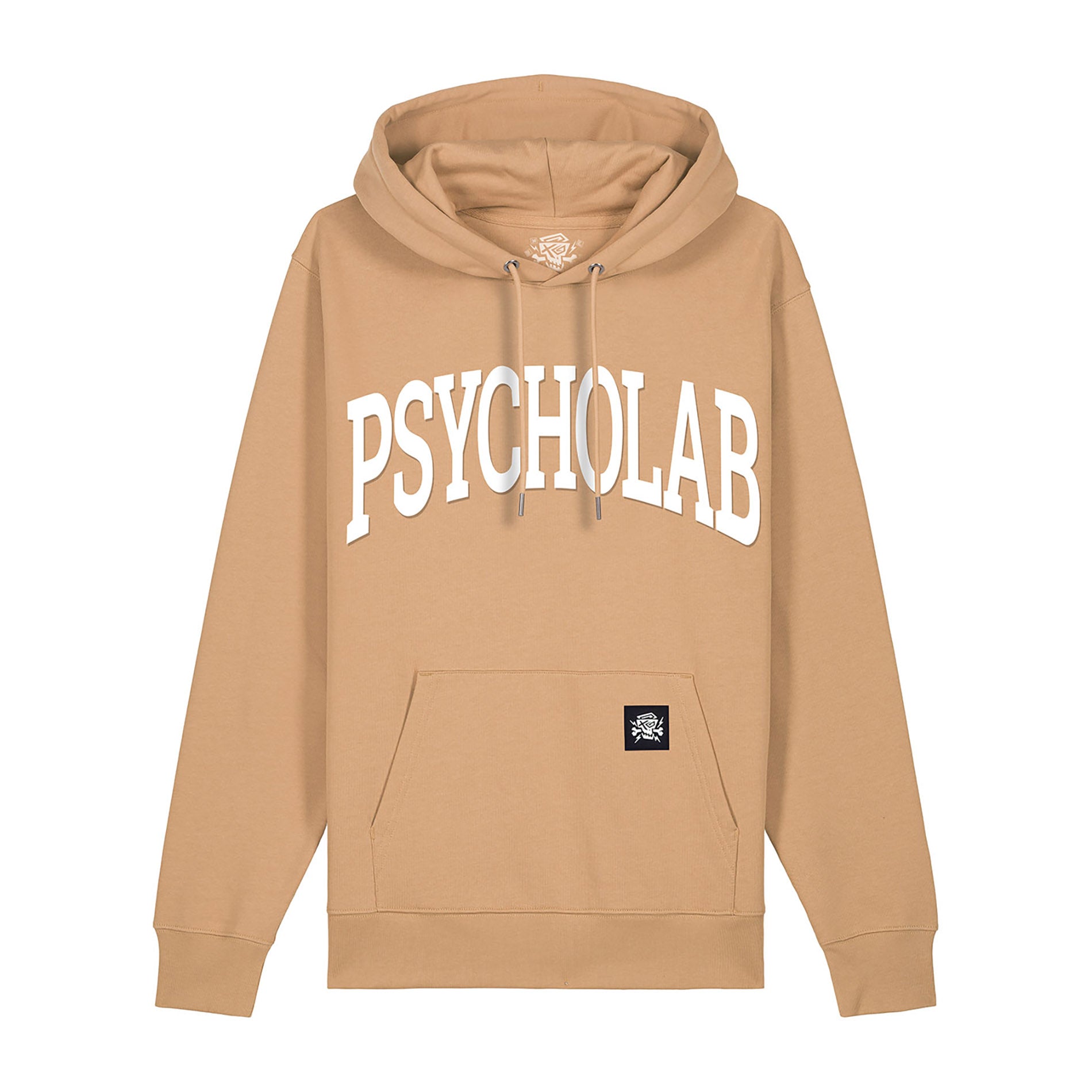 Hoodie Academy Latte von PsychoLab mit großem PsychoLab-Schriftzug auf der Vorderseite und praktischer Kängurutasche, ideal für den urbanen Streetwear-Stil.