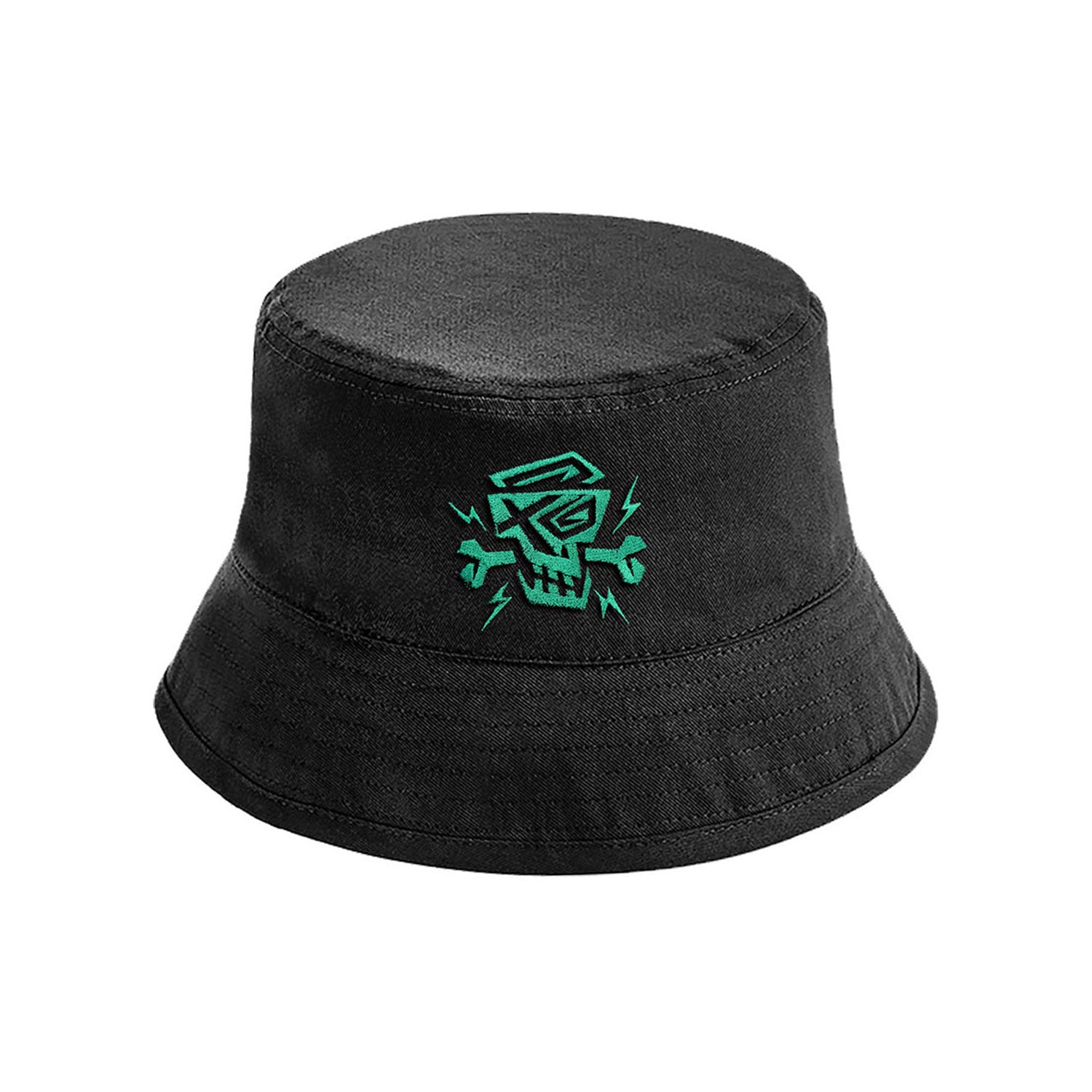 Bucket Hat Green Logo von PsychoLab in Schwarz mit auffälligem grünem Skull-Logo, ideal für Urban-Styles.