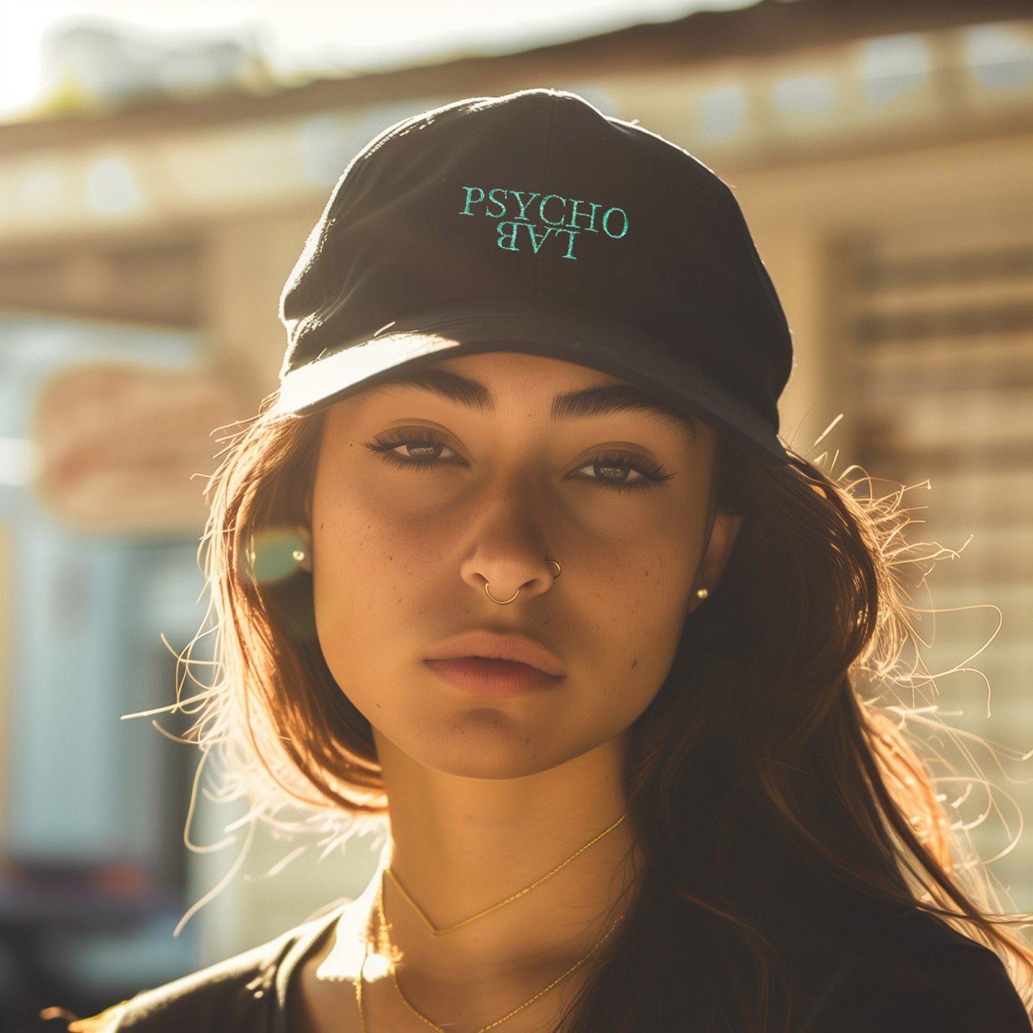 Eine Person trägt die Cap Green Reversed von PsychoLab in Schwarz mit grünem Logo, perfekt für Streetwear-Looks.