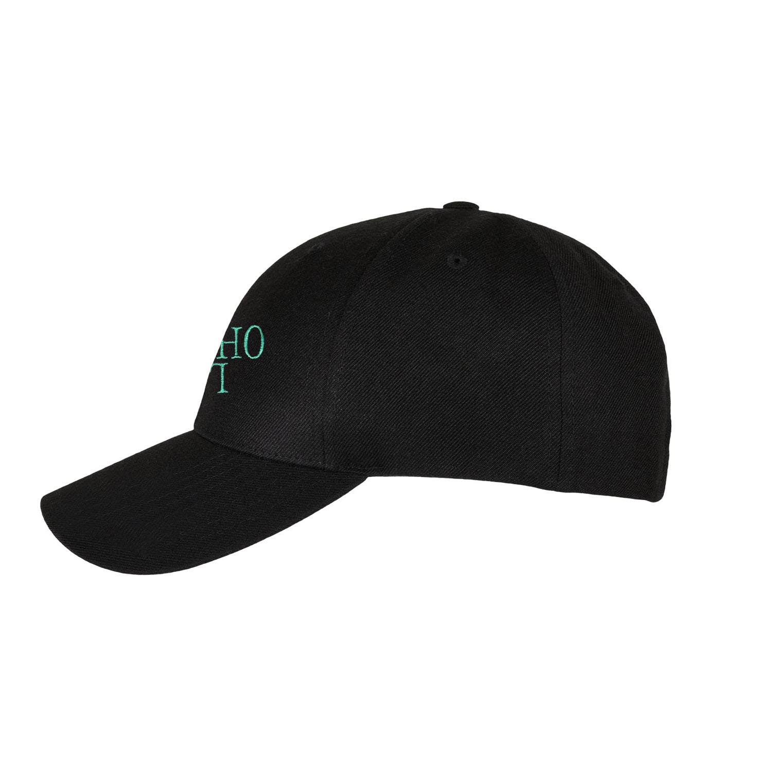Seitenansicht der PsychoLab Cap Green Reversed in Schwarz mit grünem Sticklogo, ein tolles Accessoire für jeden Anlass.