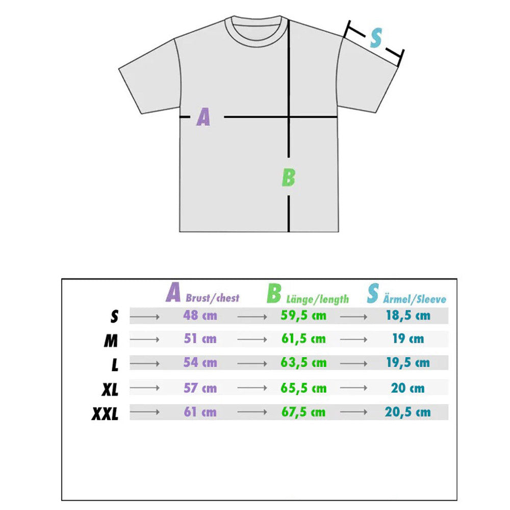 Maßskizze des Women's Shirt Mad White von PsychoLab mit detaillierten Größeninformationen für Brust, Länge und Ärmel – ideal für eine perfekte Passform.