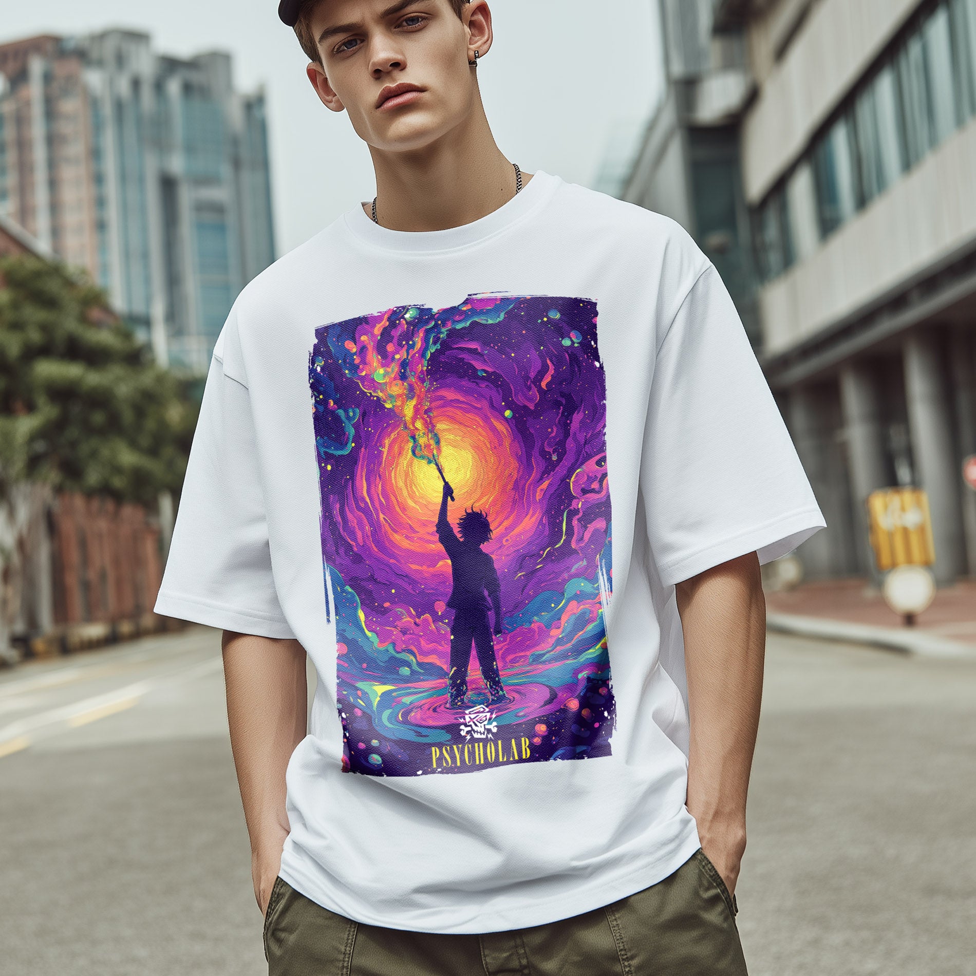 Das T-Shirt Painting Sky White von PsychoLab zeigt einen kreativen jungen Mann mit kunstvollem Himmel-Motiv, das durch lebendige Farben besticht.