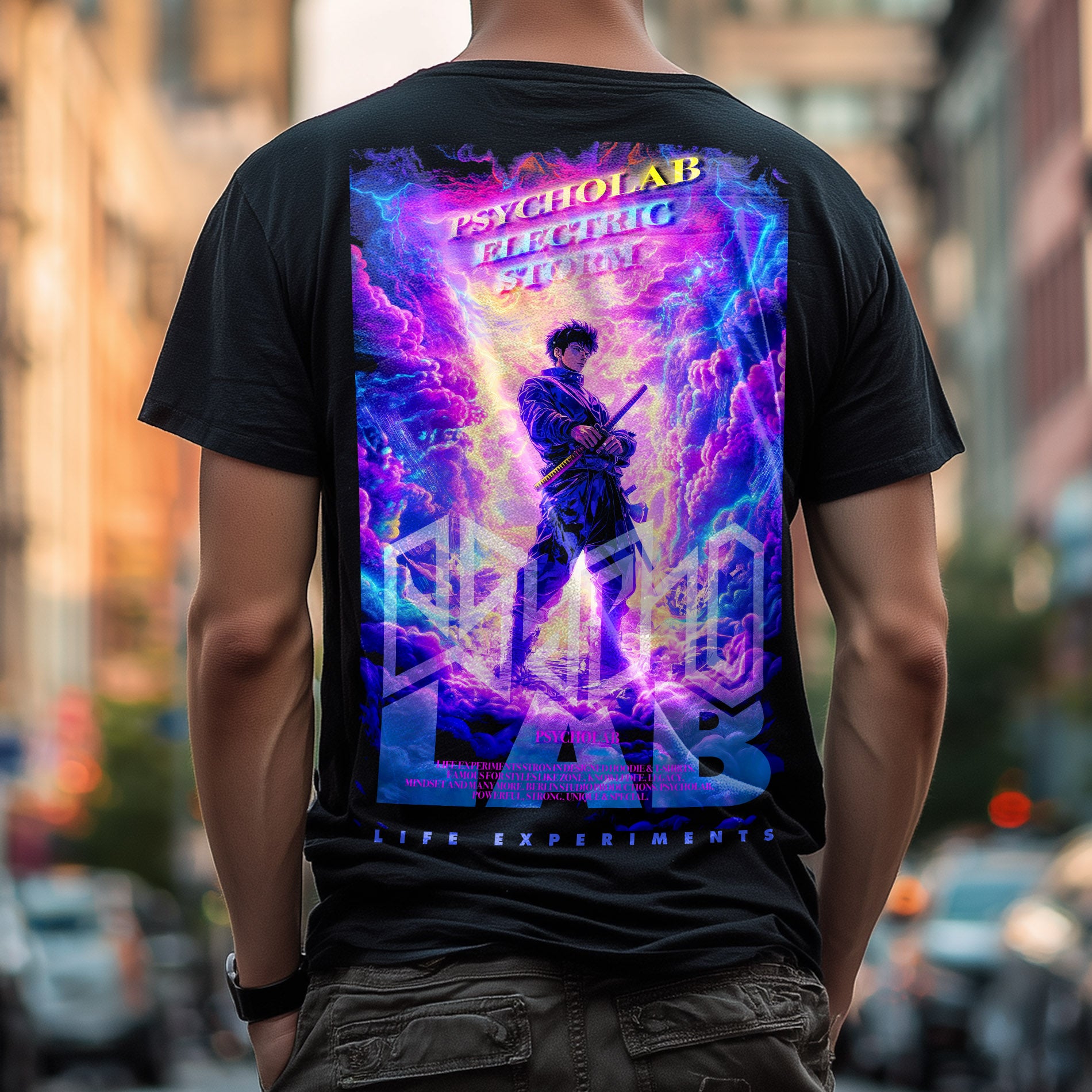 Rückansicht des T-Shirts Electric Storm Black von PsychoLab, präsentiert mit einer beeindruckenden Grafik, die elektrische Impulse und stürmische Energie darstellt. Perfekt für urbane Individualisten.
