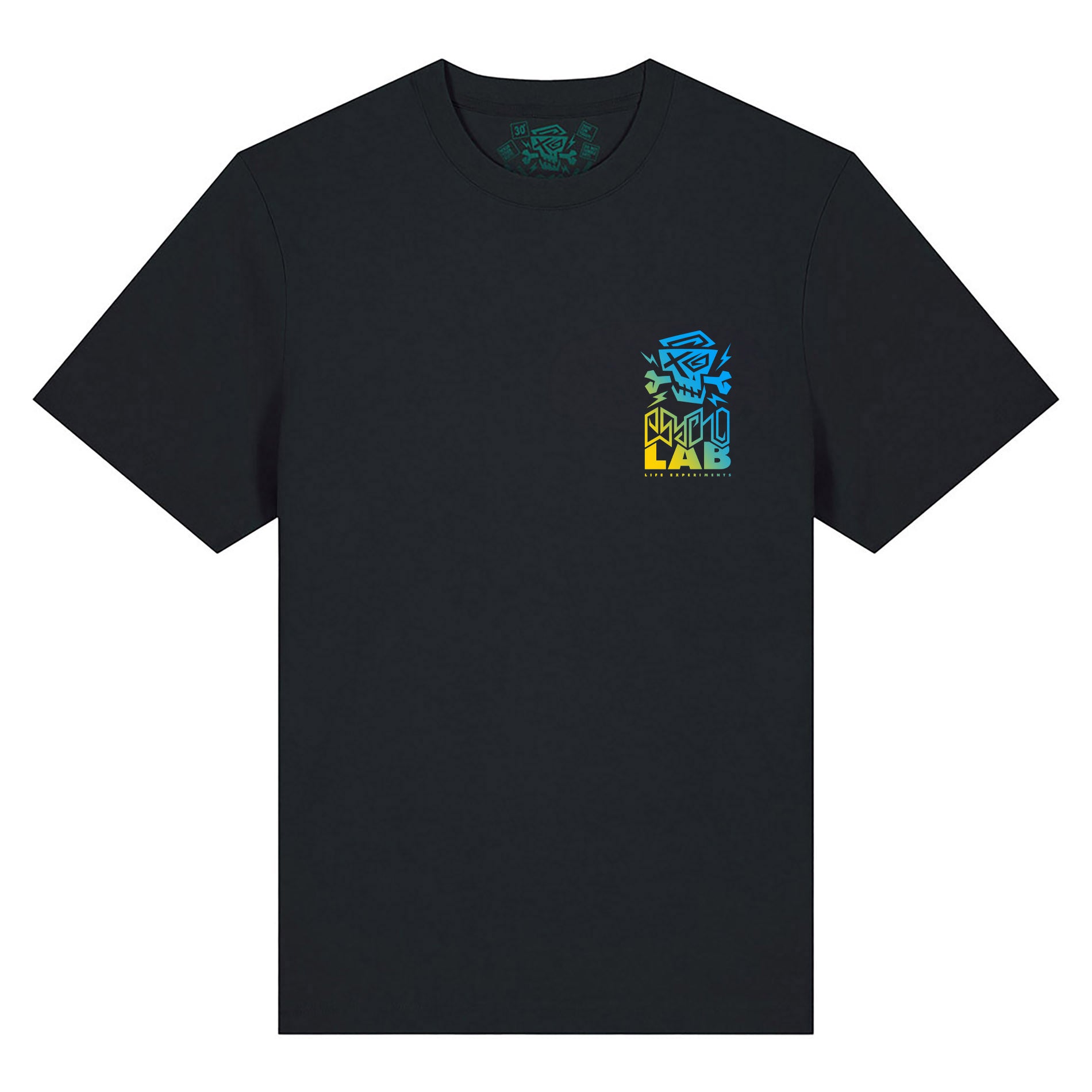 Frontansicht des T-Shirts Electric Storm Black von PsychoLab in schlichter schwarzer Farbe. Das Design hebt sich durch einen bunten Logo-Druck ab, ideal für jeden modischen Look.
