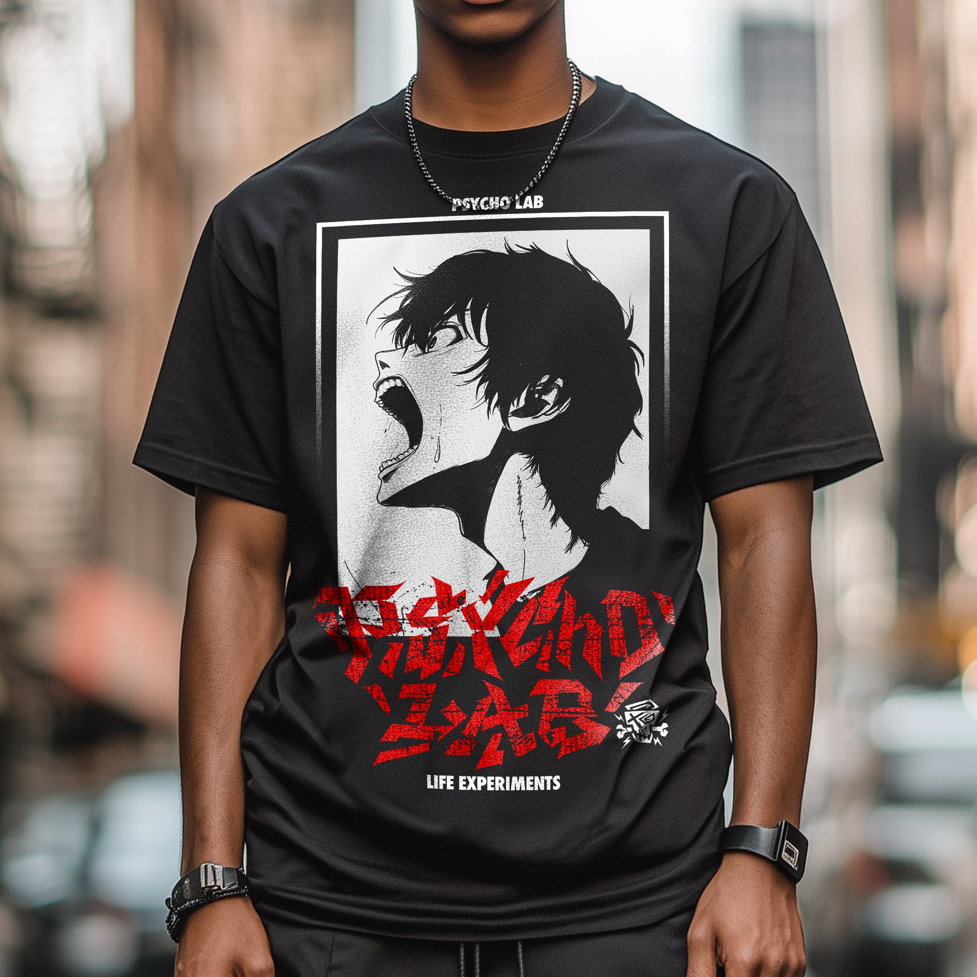 Stylisches T-Shirt Scream Black von PsychoLab, featuring ein auffälliges Screaming-Design und urbanen Stil, perfekt für Modebegeisterte.