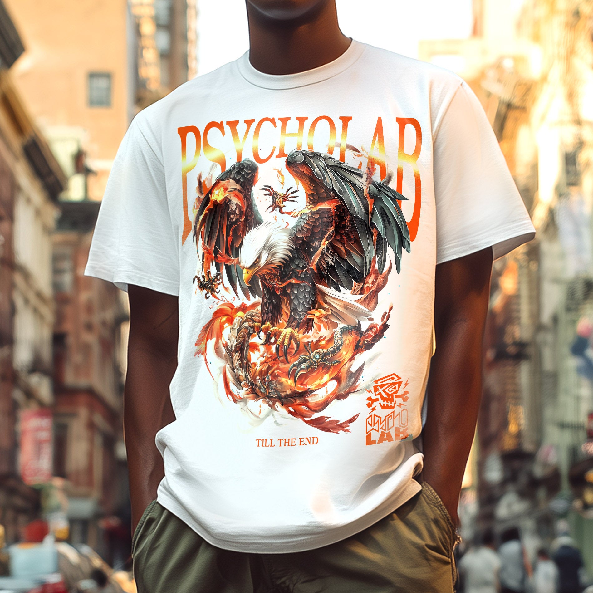 Stylishes T-Shirt Eagle White von PsychoLab, gezeigt an einem Modell in urbaner Umgebung, mit auffälligem Adler-Design und leuchtenden Farben.