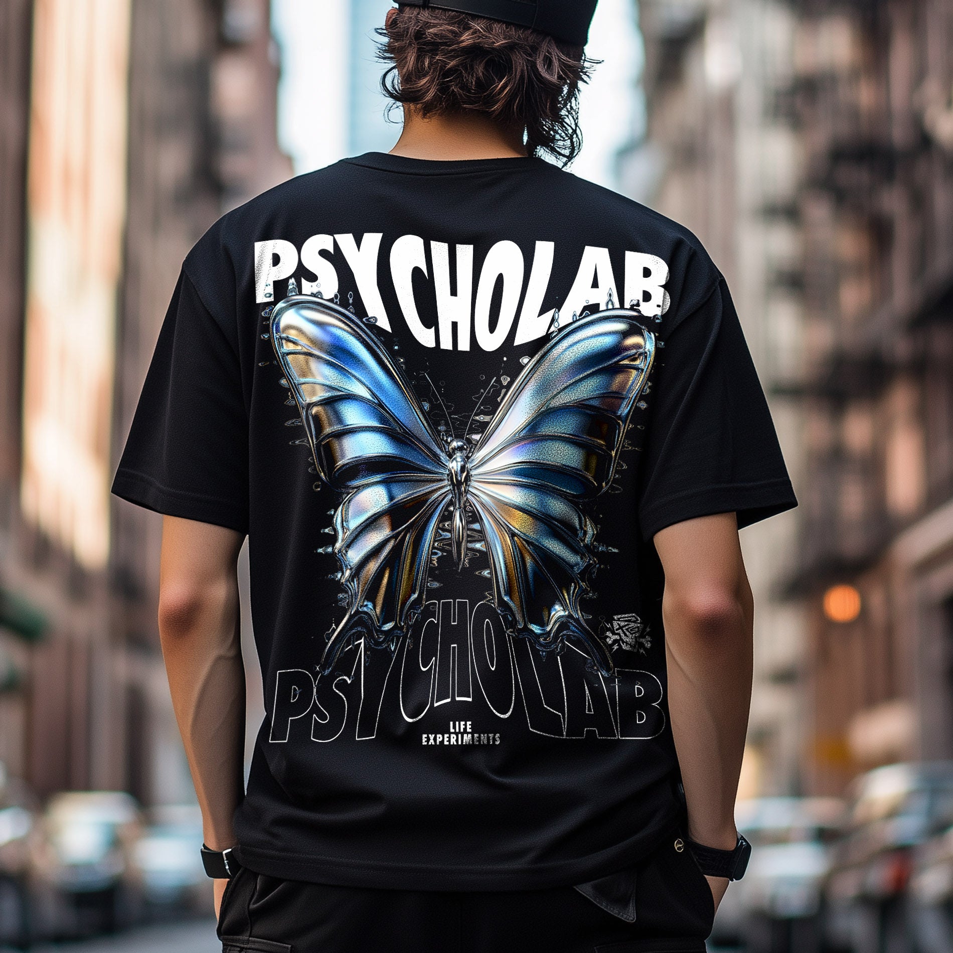 T-Shirt Mariposa Black von PsychoLab mit großem Schmetterlingsdesign auf dem Rücken, das urbanen Stil und Kreativität verkörpert.