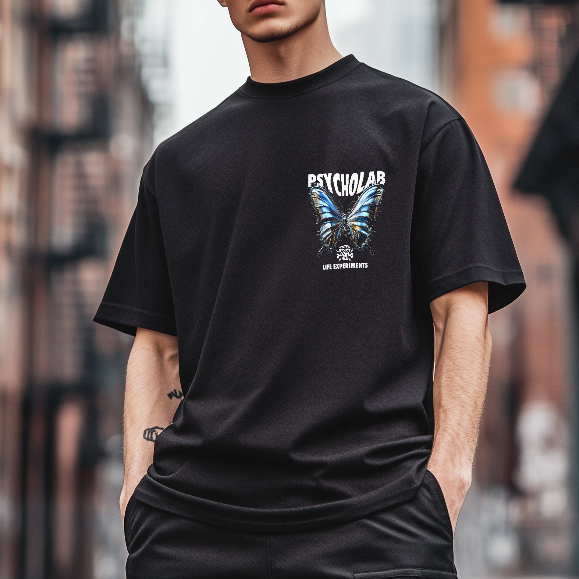Vorderansicht des T-Shirts Mariposa Black von PsychoLab, featuring mariposa Print, perfekt für lässige Outfits und individuellen Ausdruck.