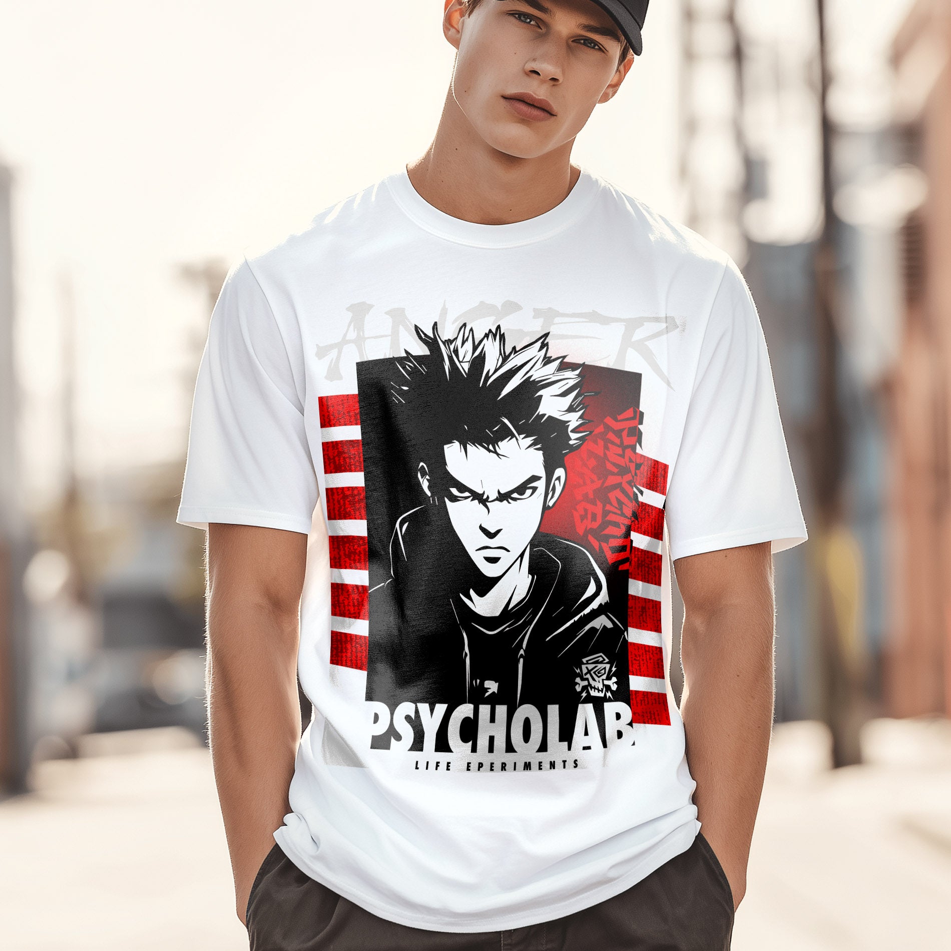 Mann trägt das T-Shirt Mad White von PsychoLab, mit auffälligem Druck eines künstlerischen Charakters und urbanem Design. Ideal für einen lässigen und kreativen Look. Psycholab.