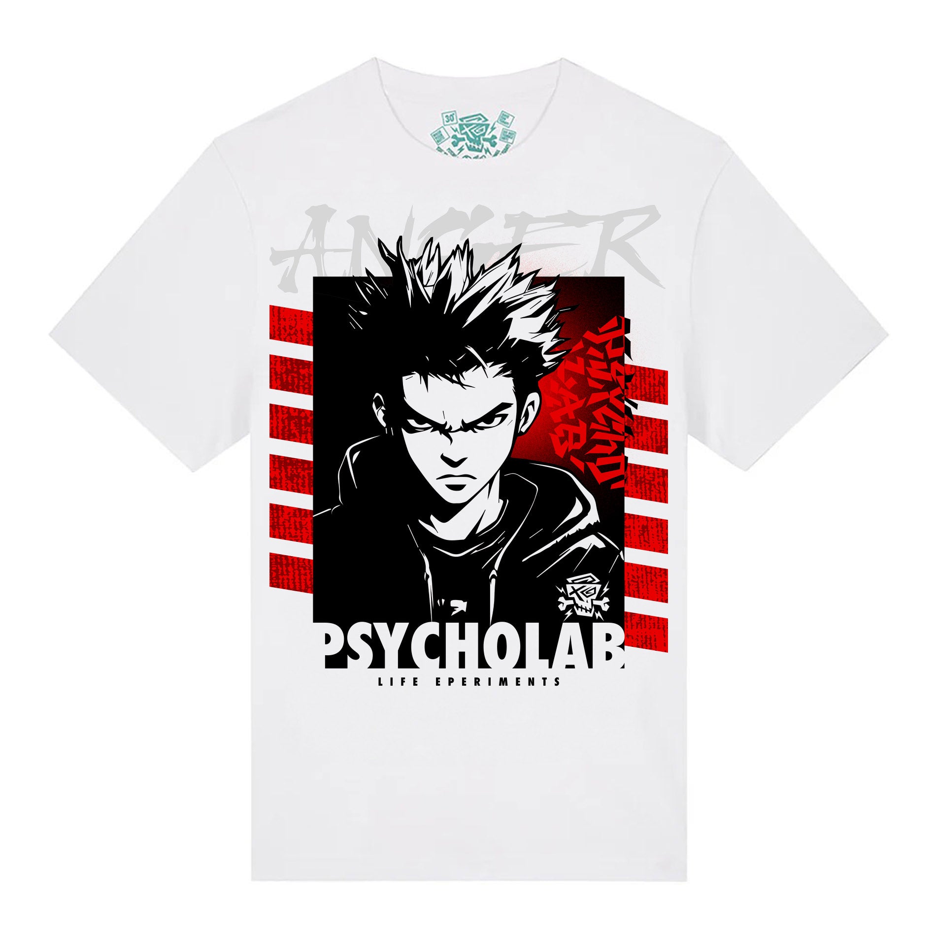 Das T-Shirt Mad White von PsychoLab zeigt ein detailliertes Grafikdesign mit einem starken Charakterdruck in auffälliger Farbgestaltung, perfekt für modebewusste Individuen. Psycholab.